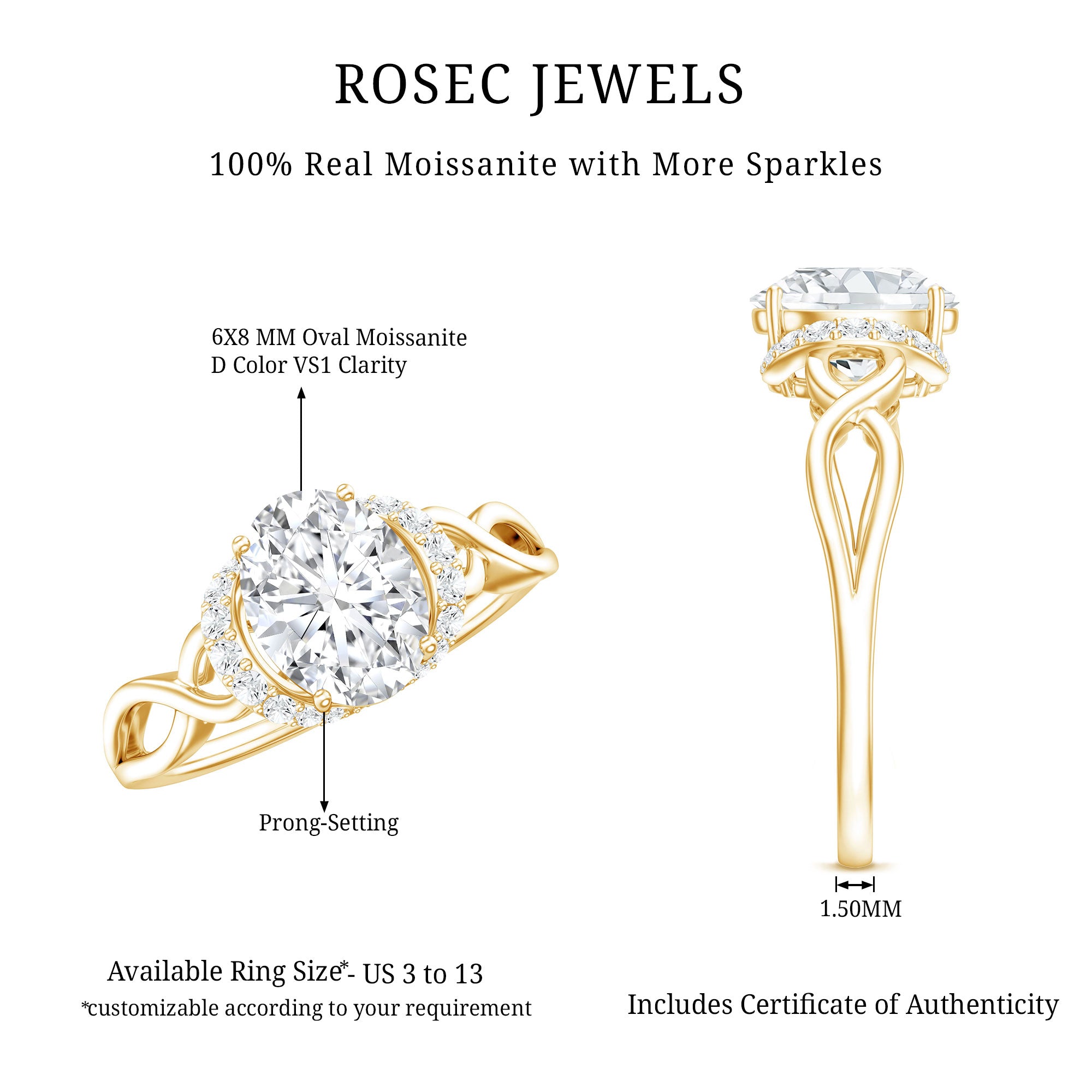 Oval Shape Moissanite Engagement Ring With Certificate D-VS1 - Rosec Jewels
