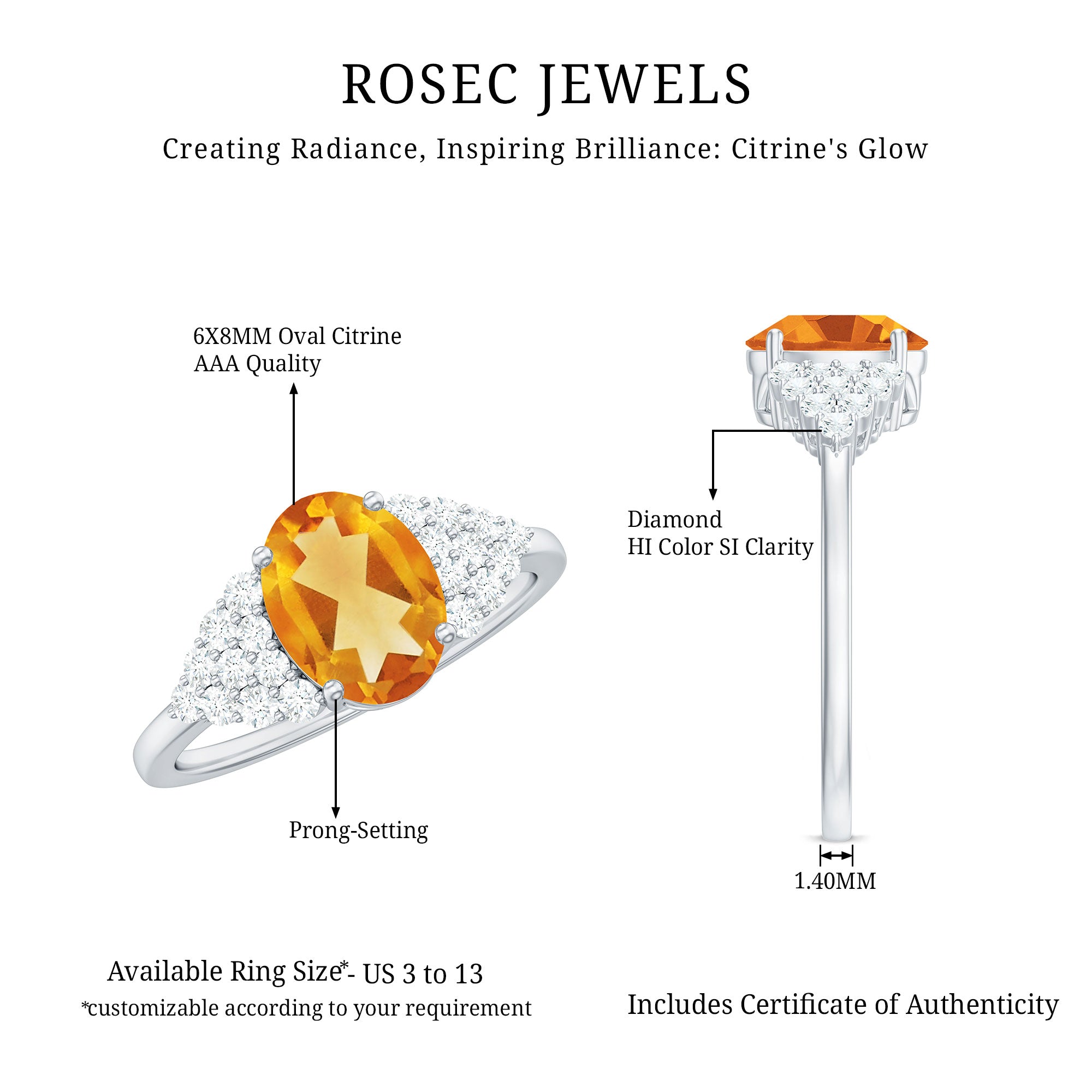 Natural Yellow Citrine Oval Engagement Ring with Diamond Side Stones AAA - Rosec Jewels