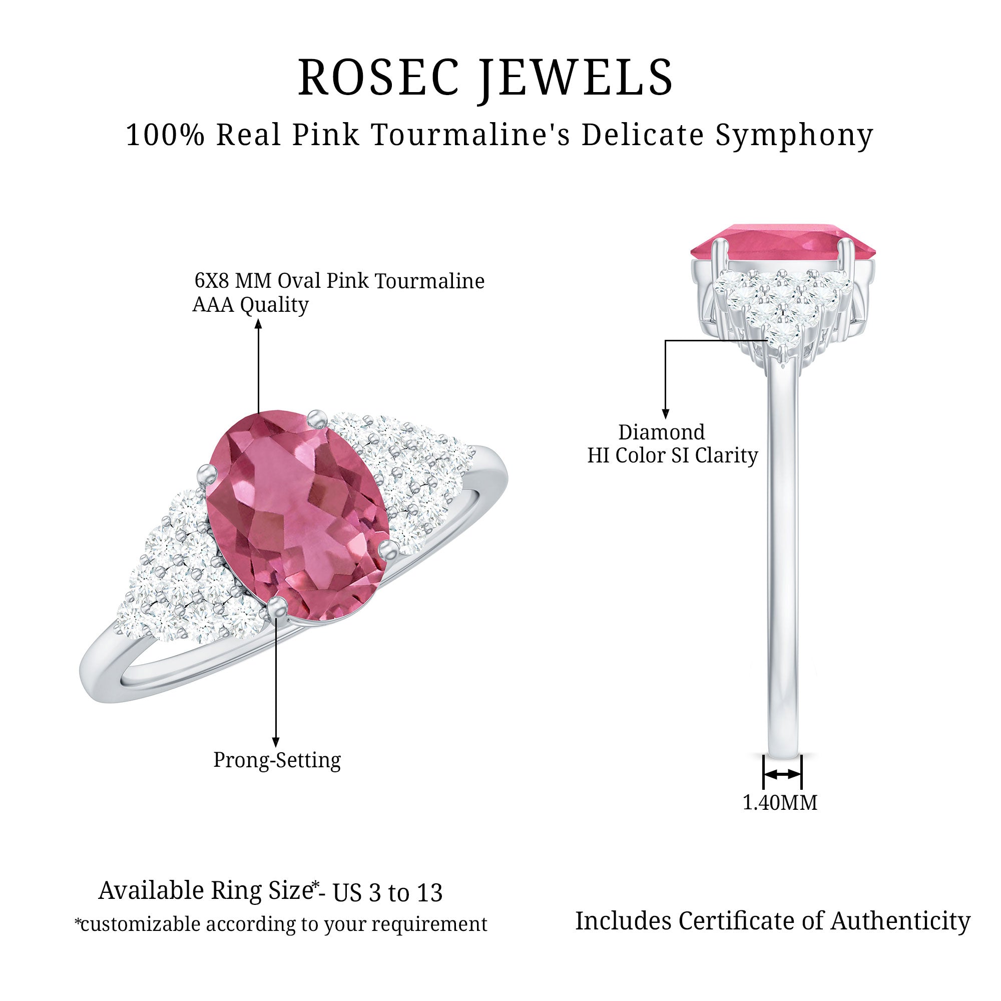 Classic Pink Tourmaline Solitaire Ring with Diamond AAA - Rosec Jewels