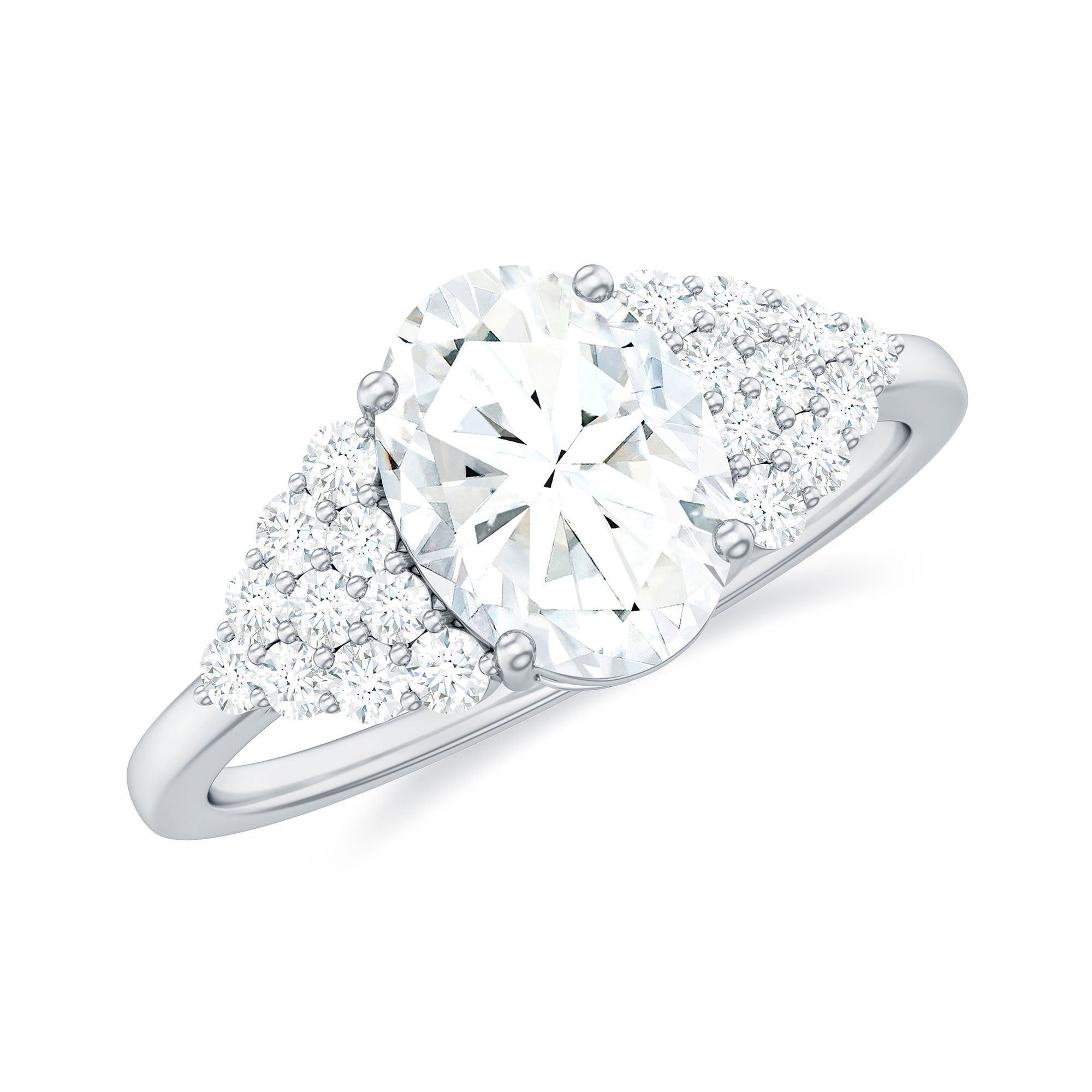 Rosec Jewels-6X8 MM Oval Moissanite Engagement Ring with Cluster Side Stones