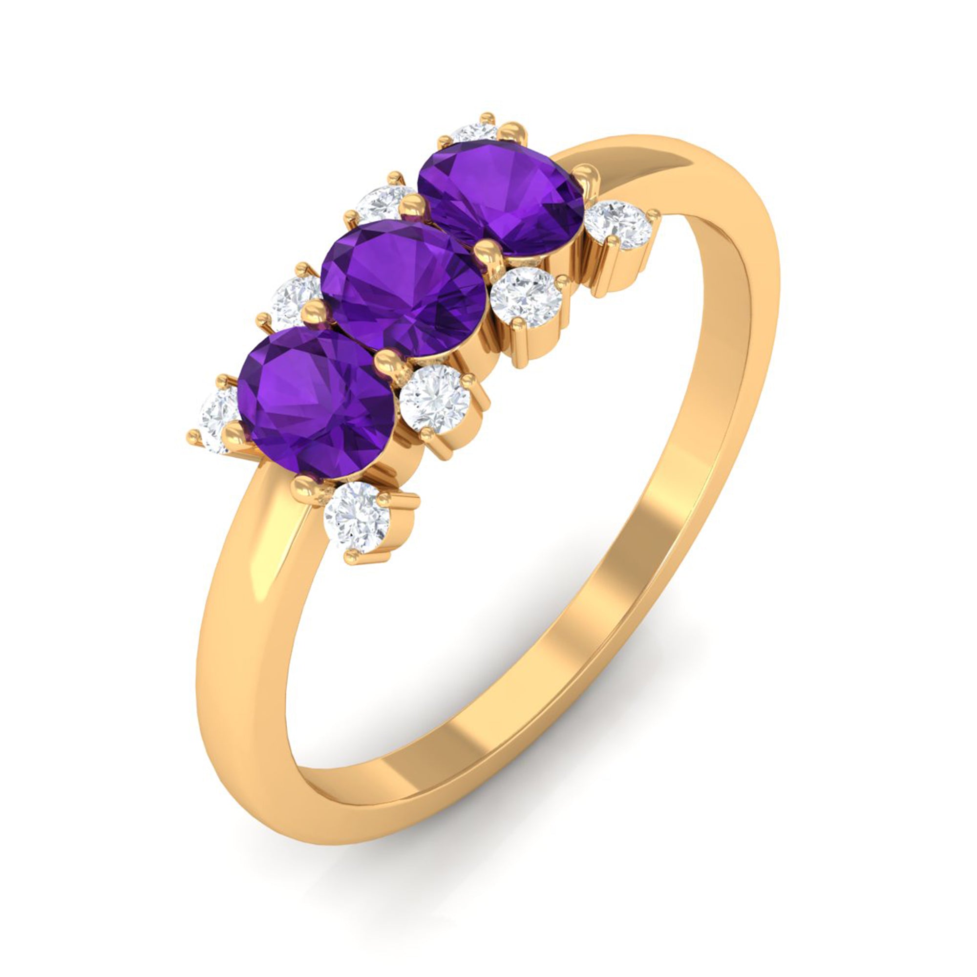 Natural Oval Amethyst 3 Stone Promise Ring with Diamond AAA - Rosec Jewels