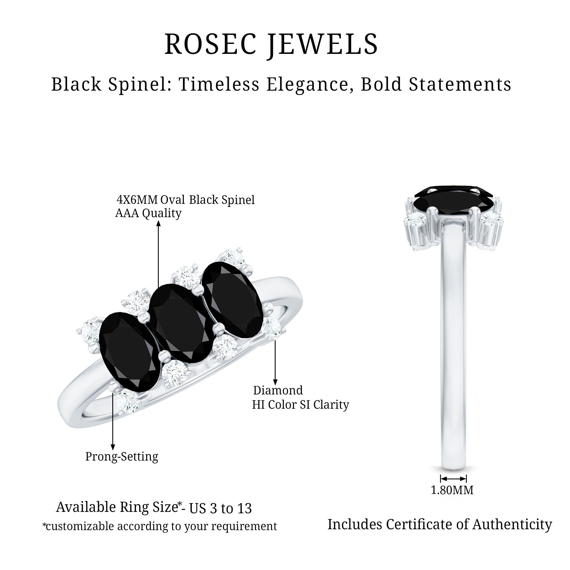 Rosec Jewels-Natural Oval Black Spinel 3 Stone Engagement Ring with Diamond