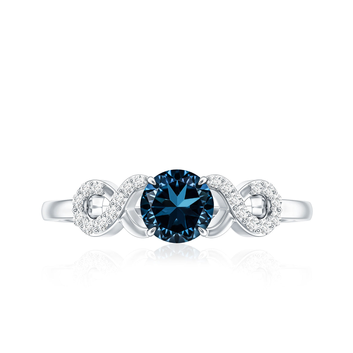 0.6 Carat Round London Blue Topaz Engagement Ring with Criss Cross Diamond AAA - Rosec Jewels