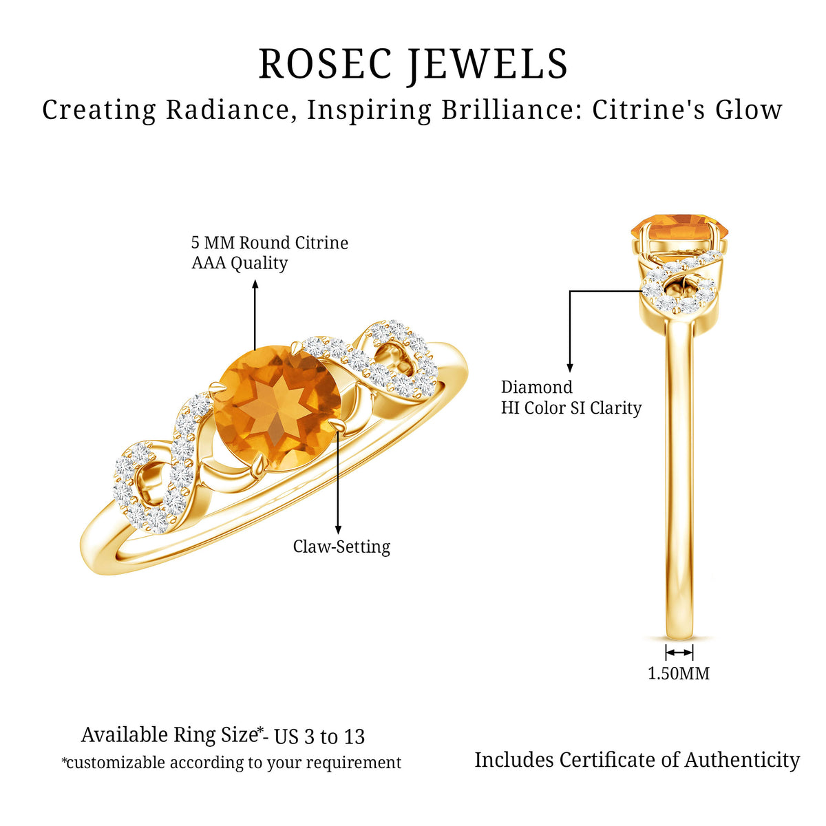 Certified Natural Citrine Infinity Promise Ring with Diamonds AAA - Rosec Jewels