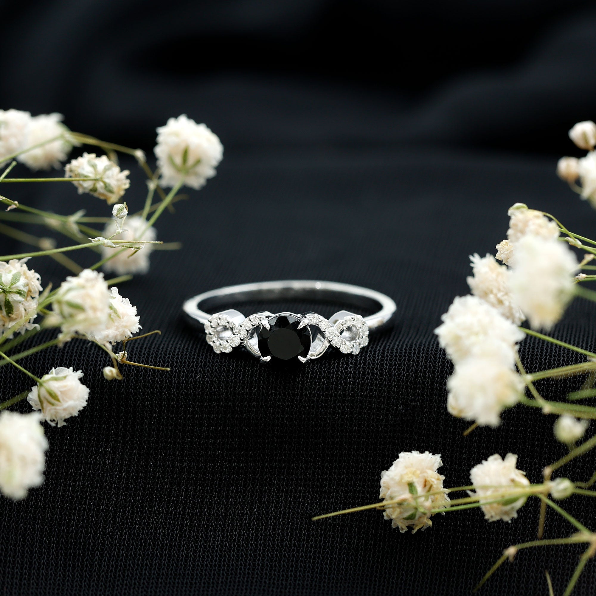 Certified 0.8 Carat Lab Grown Black and White Diamond Engagement Ring with Infinity Knot AAAA ( Synthetic ) - Rosec Jewels