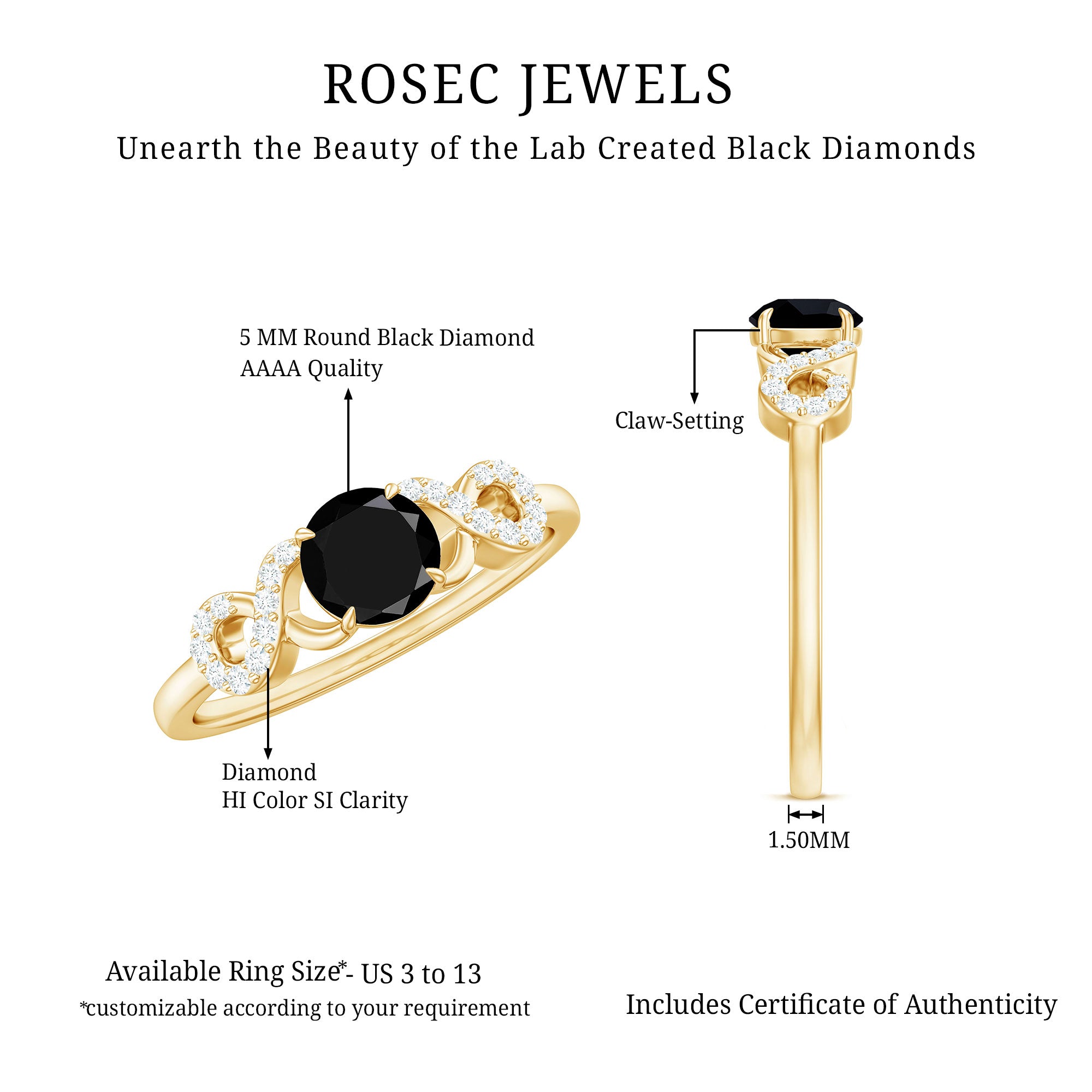 Certified 0.8 Carat Lab Grown Black and White Diamond Engagement Ring with Infinity Knot AAAA ( Synthetic ) - Rosec Jewels