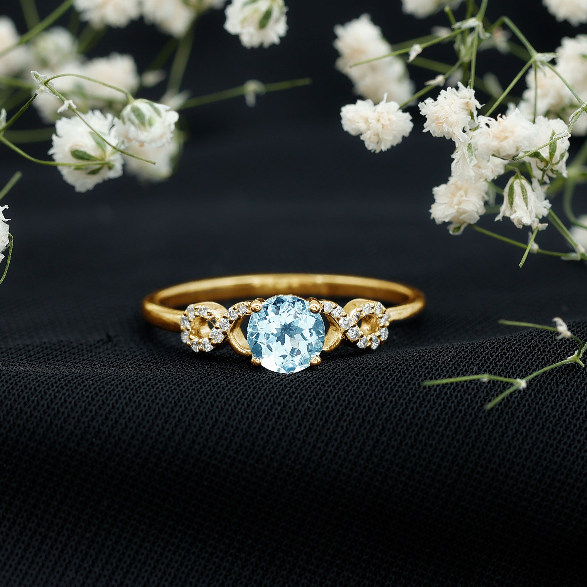 Rosec Jewels-Round Shape Aquamarine and Diamond Infinity Engagement Ring