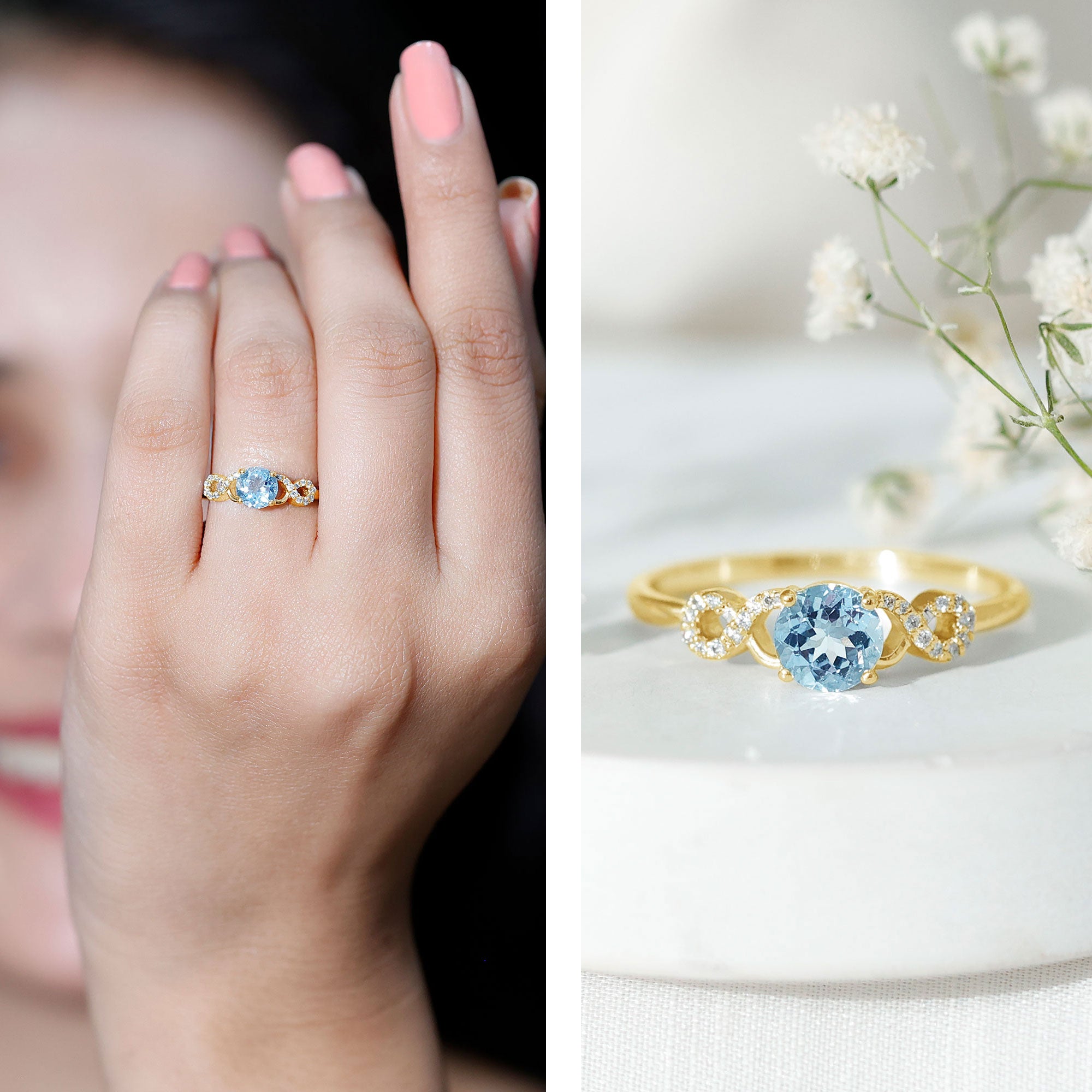Rosec Jewels-Round Shape Aquamarine and Diamond Infinity Engagement Ring