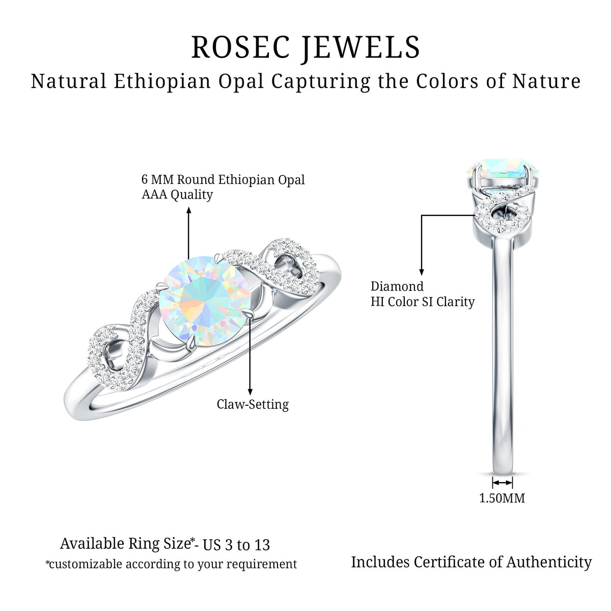 Certified Real Ethiopian Rainbow Opal Diamond Engagement Ring with Criss Cross Shank AAA - Rosec Jewels