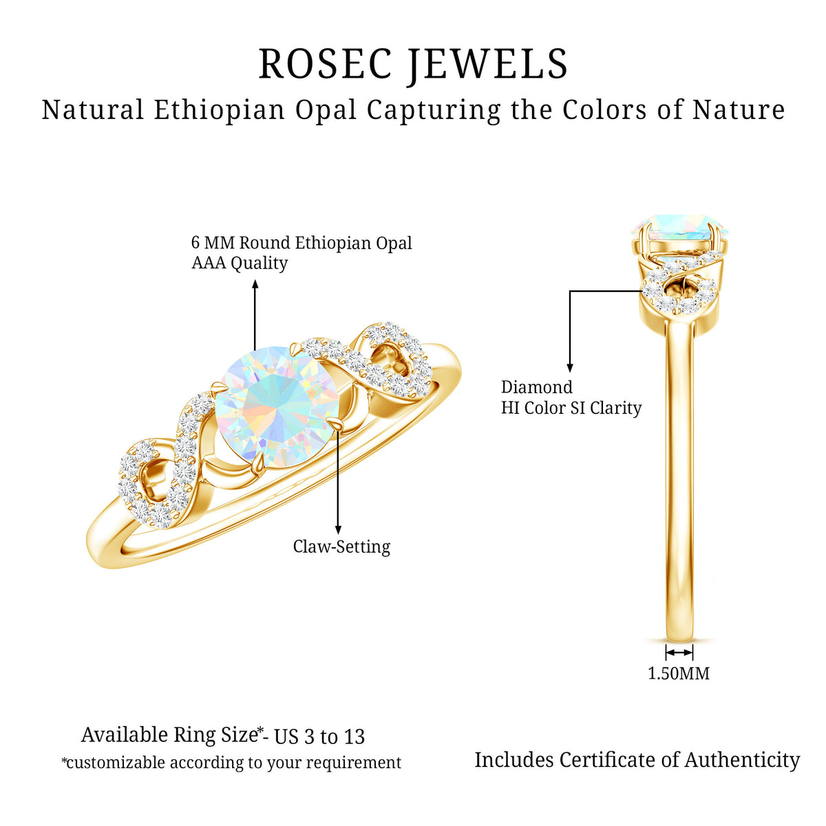 Certified Real Ethiopian Rainbow Opal Diamond Engagement Ring with Criss Cross Shank AAA - Rosec Jewels