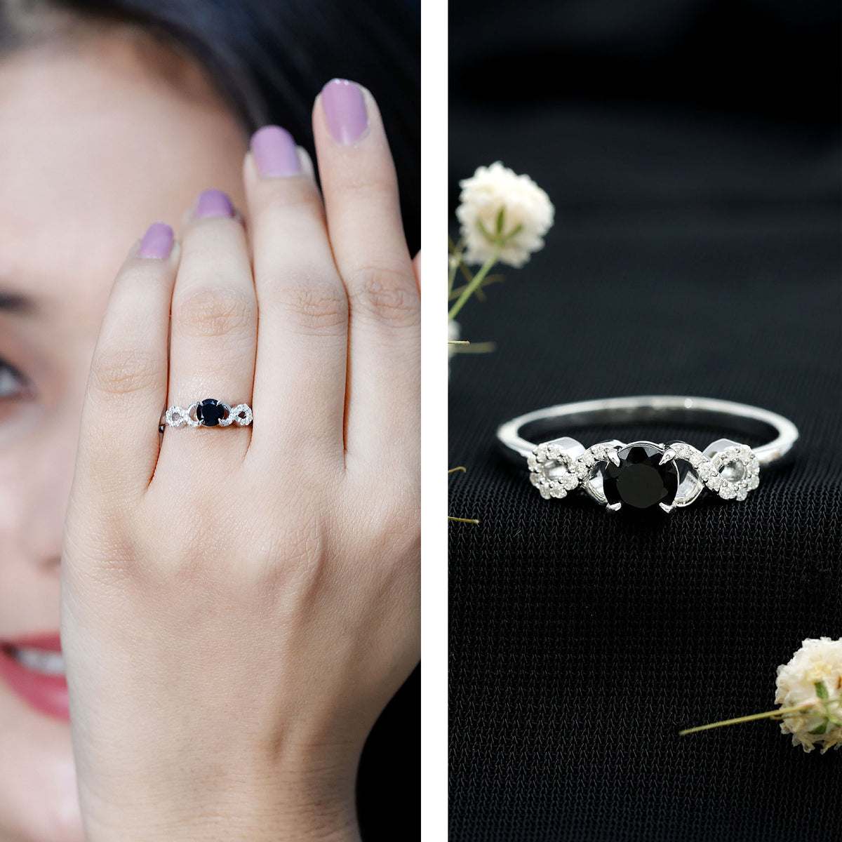 0.45 Carat Black Onyx and Diamond Criss Cross Engagement Ring AAA - Rosec Jewels