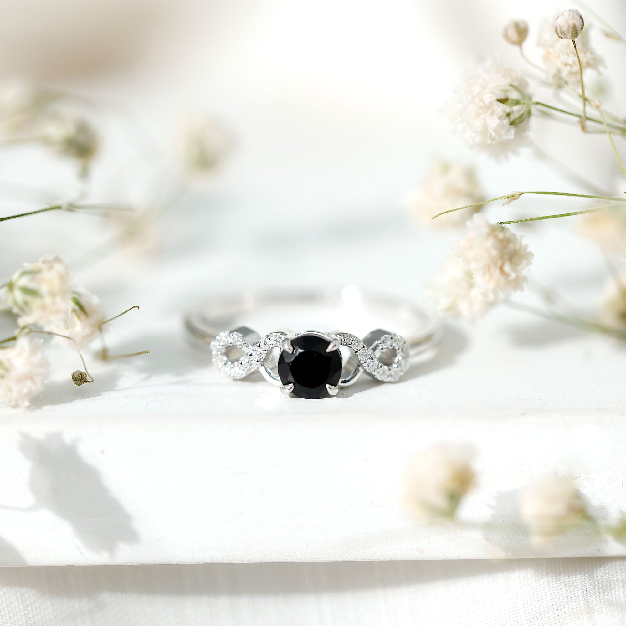 1/2 CT Black Onyx and Diamond Criss Cross Engagement Ring AAA - Rosec Jewels