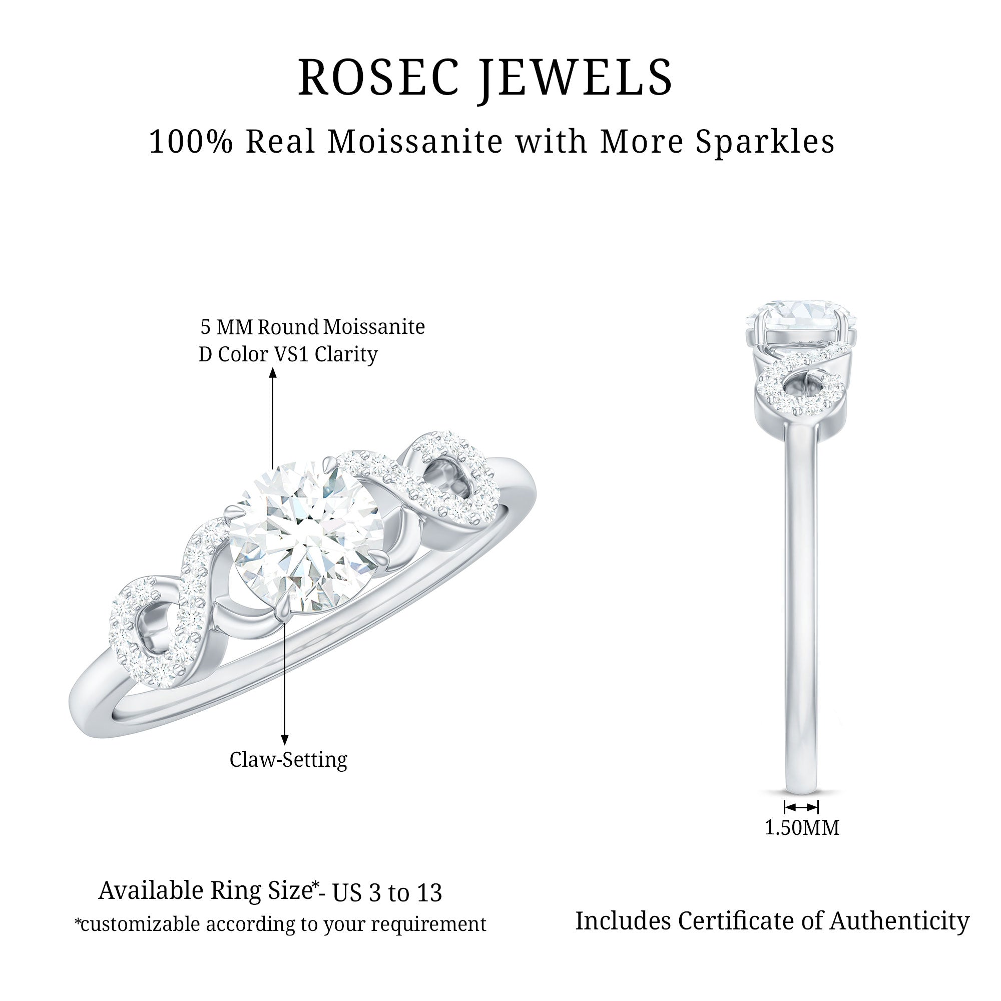 Certified Round Moissanite Infinity Promise Ring for Her D-VS1 - Rosec Jewels