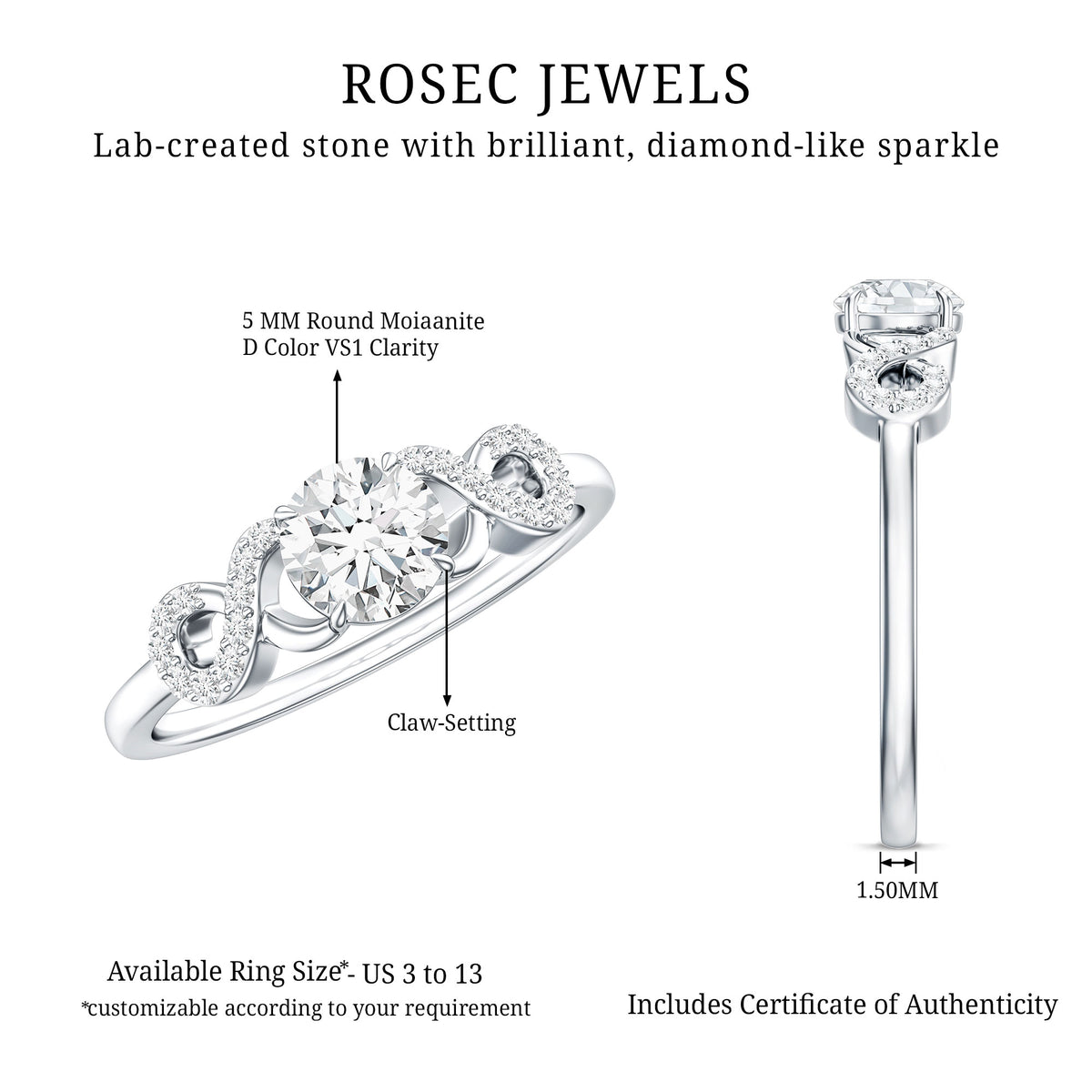 Certified Round Moissanite Infinity Promise Ring for Her D-VS1 - Rosec Jewels