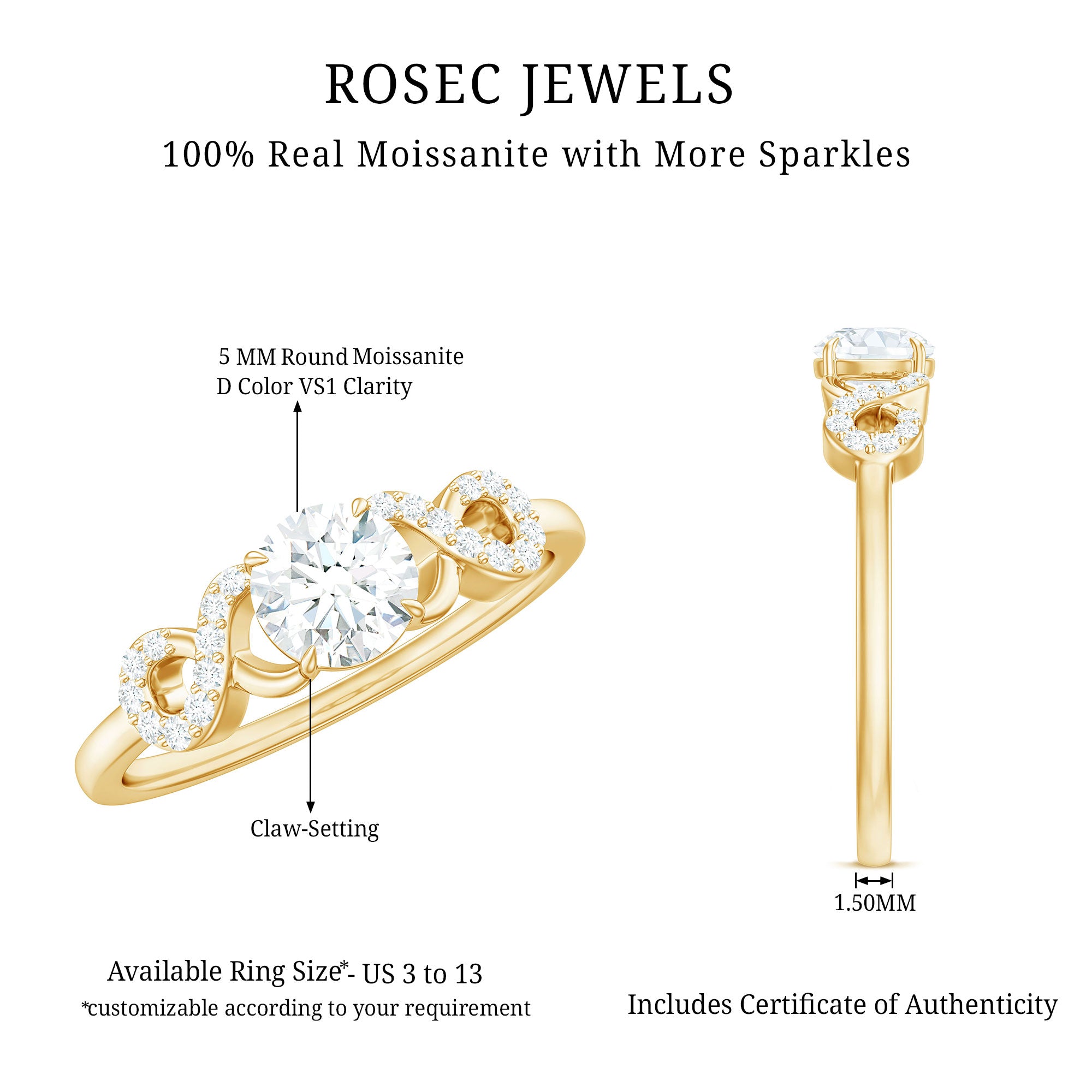 Certified Round Moissanite Infinity Promise Ring for Her D-VS1 - Rosec Jewels