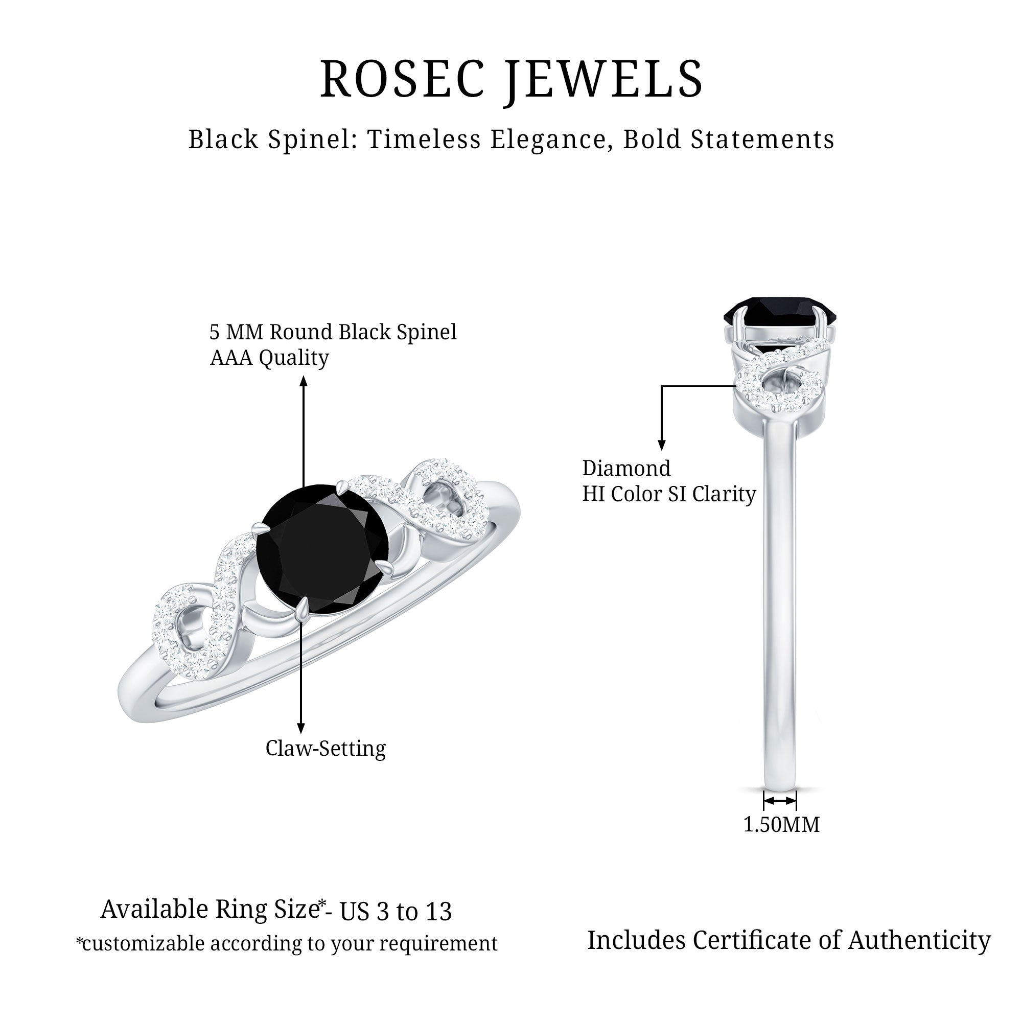 Rosec Jewels-Natural Black Spinel Promise Ring with Diamond Infinity Knot