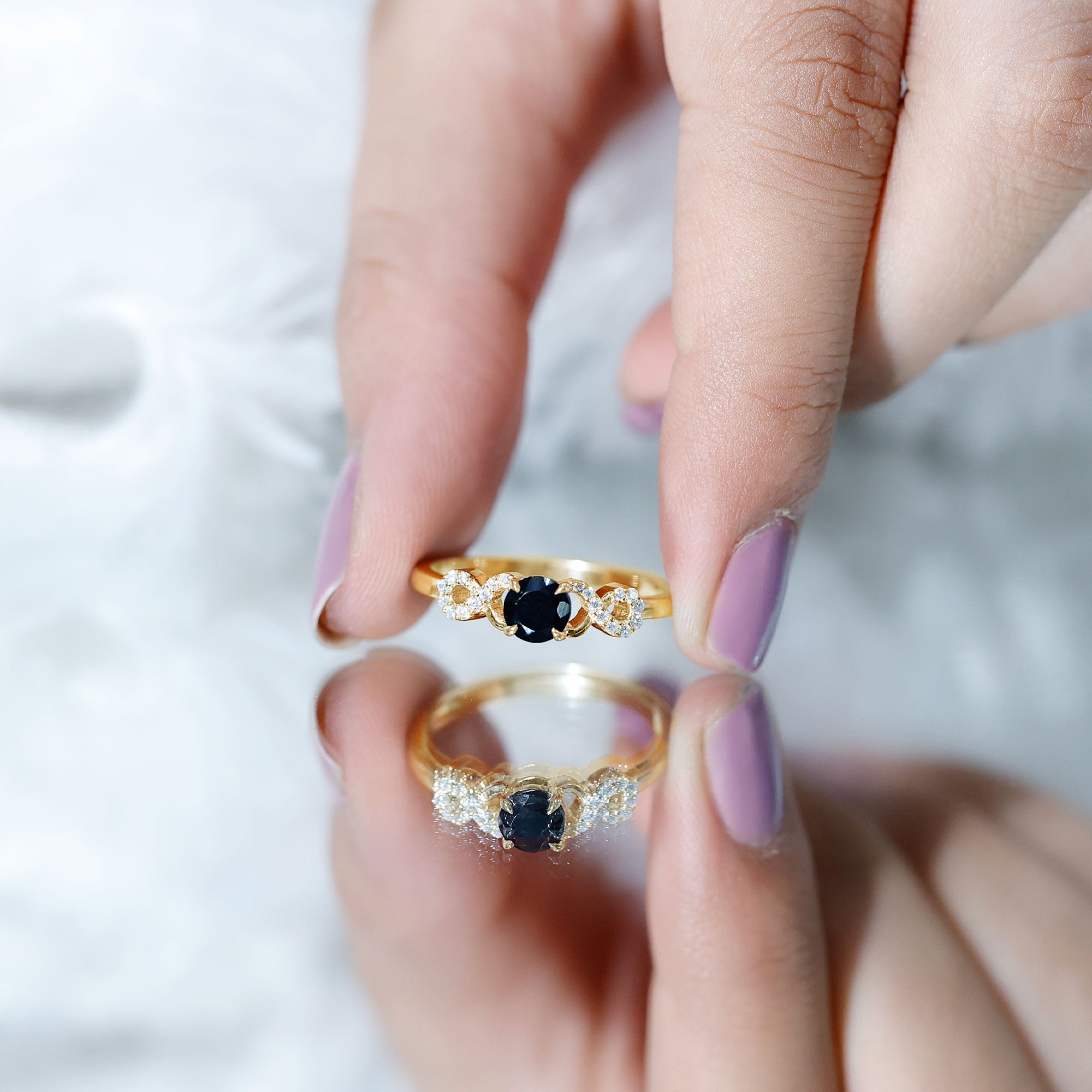 Rosec Jewels-Natural Black Spinel Promise Ring with Diamond Infinity Knot