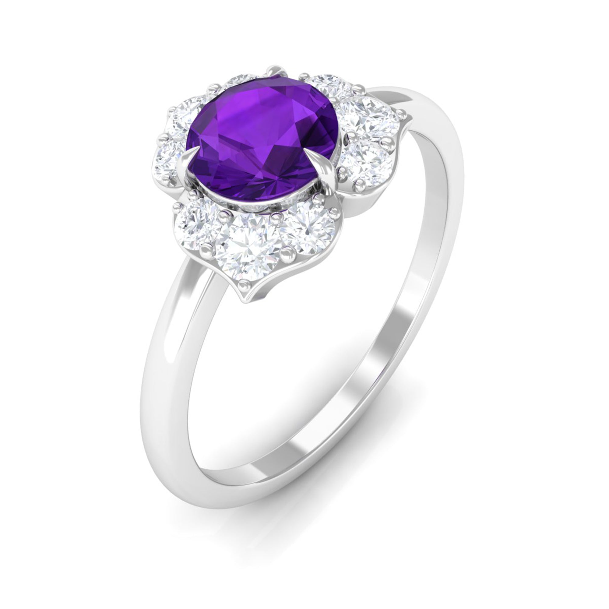 Real Amethyst Flower Engagement Ring with Diamond AAA - Rosec Jewels