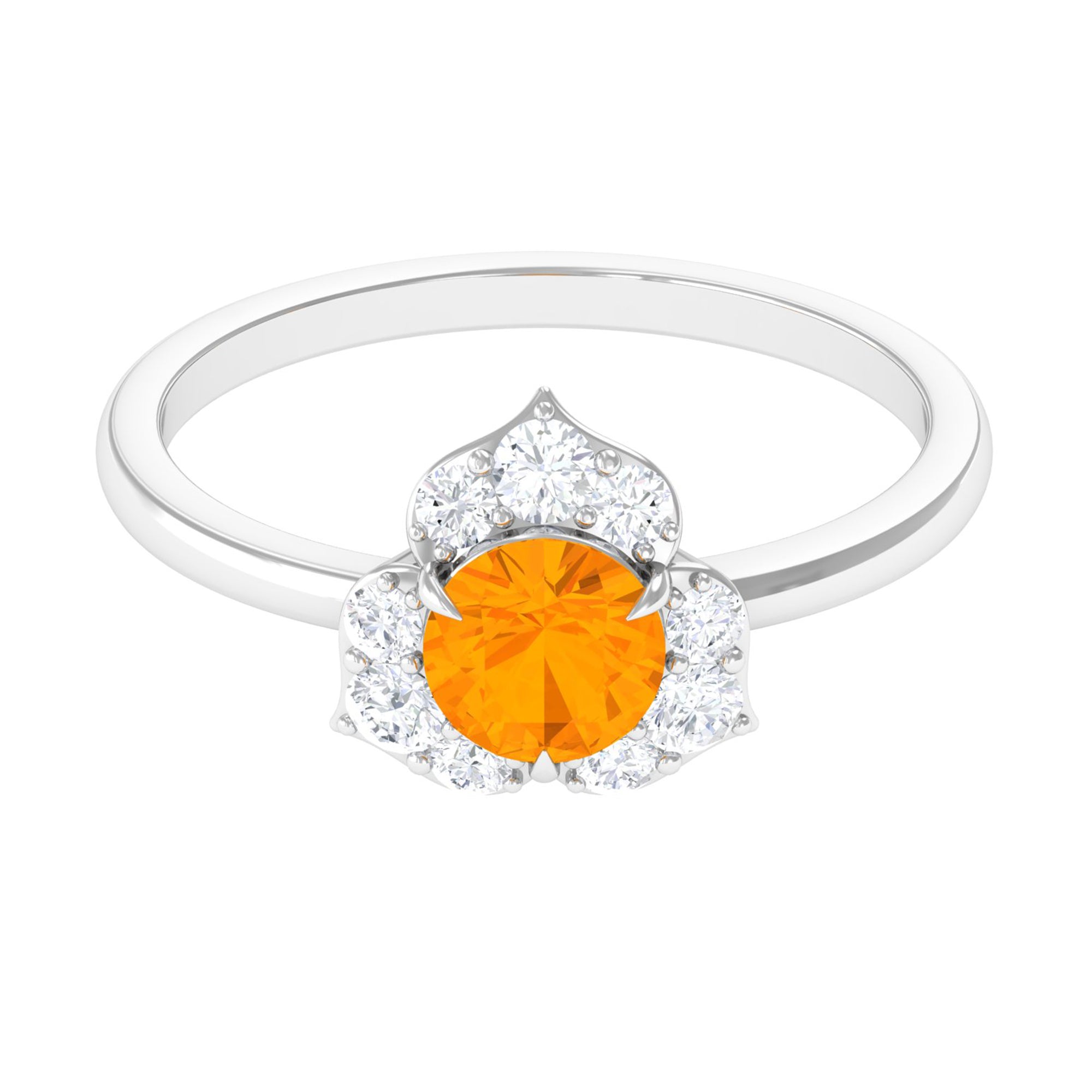 Round Fire Opal Flower Engagement Ring with Diamond AAA - Rosec Jewels