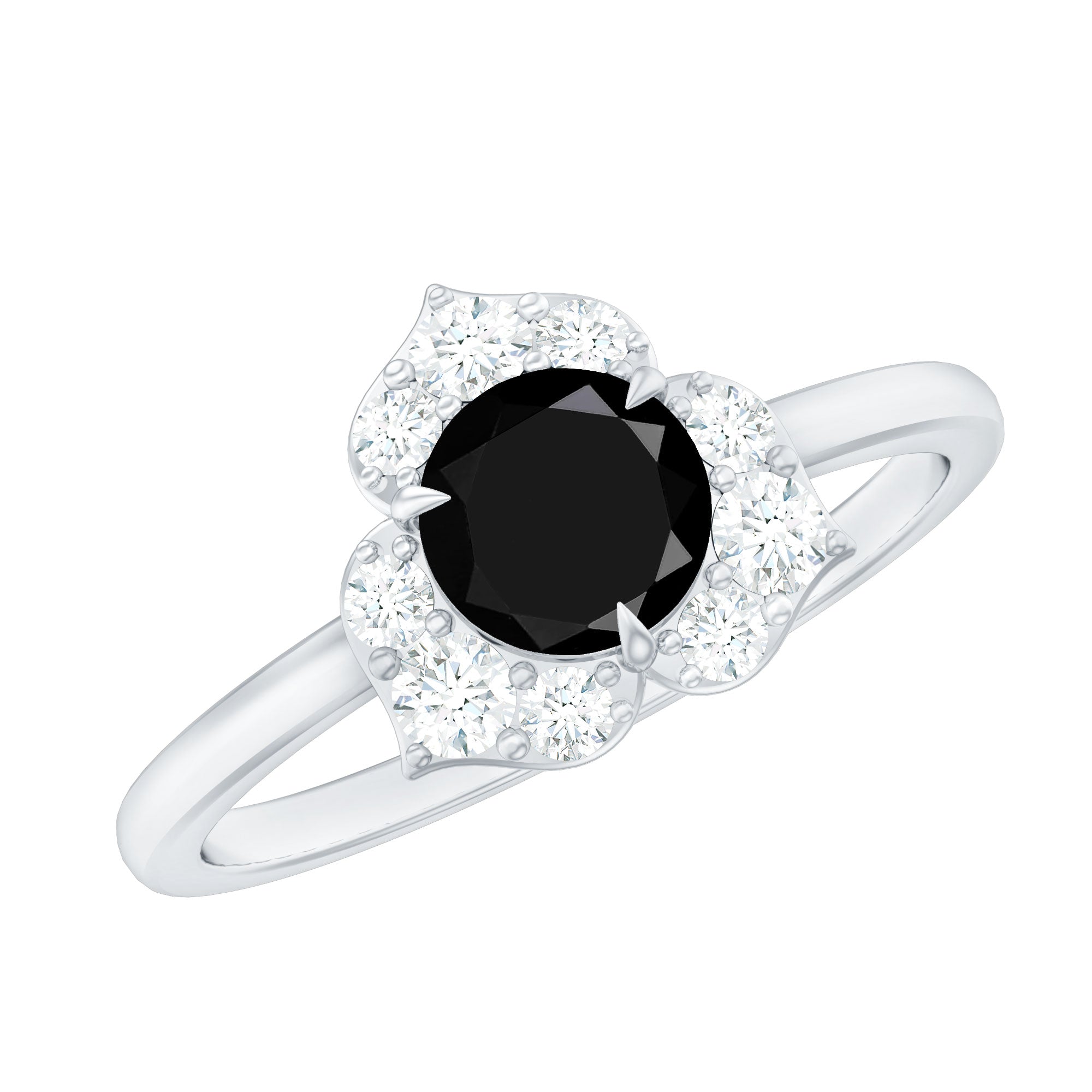 Natural Black Spinel Flower Engagement Ring with Diamond AAA - Rosec Jewels