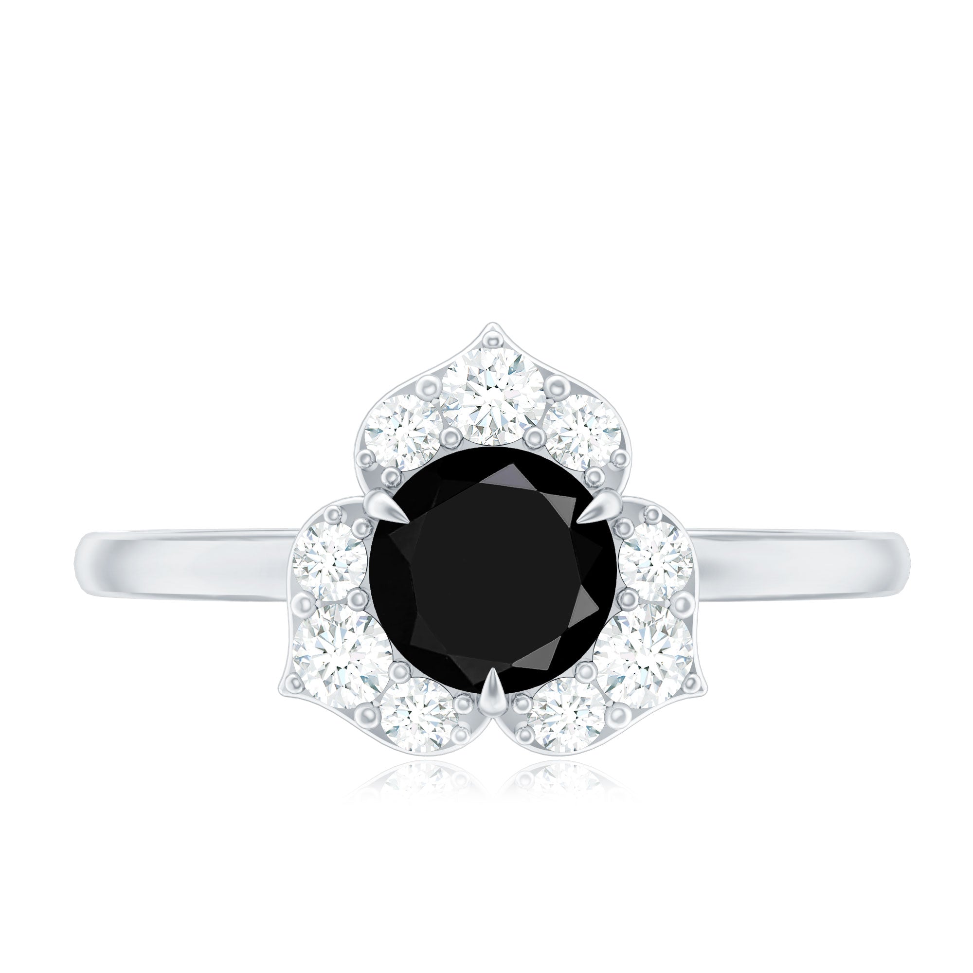 Natural Black Spinel Flower Engagement Ring with Diamond AAA - Rosec Jewels