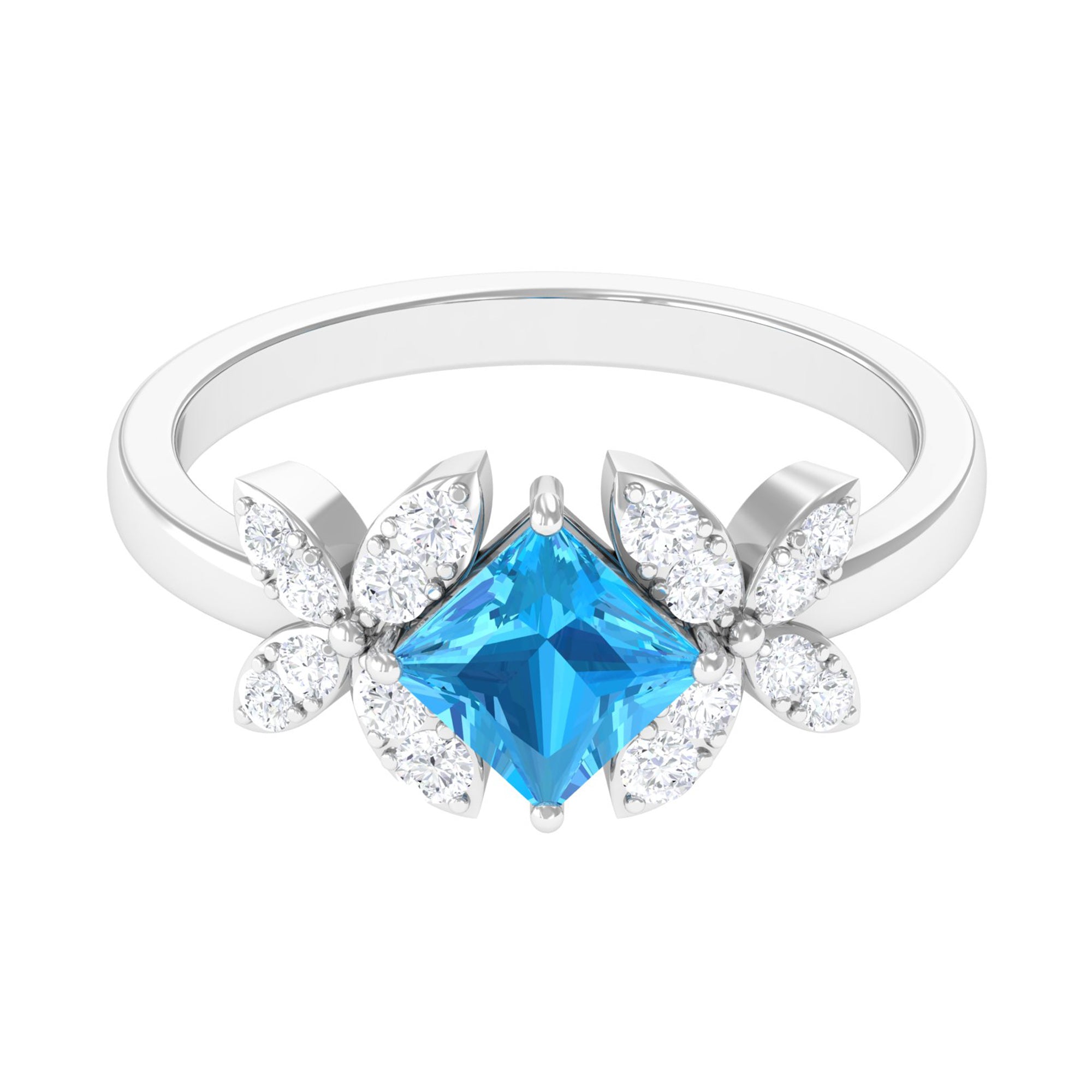 Floral Inspired Swiss Blue Topaz Engagement Ring with Diamond