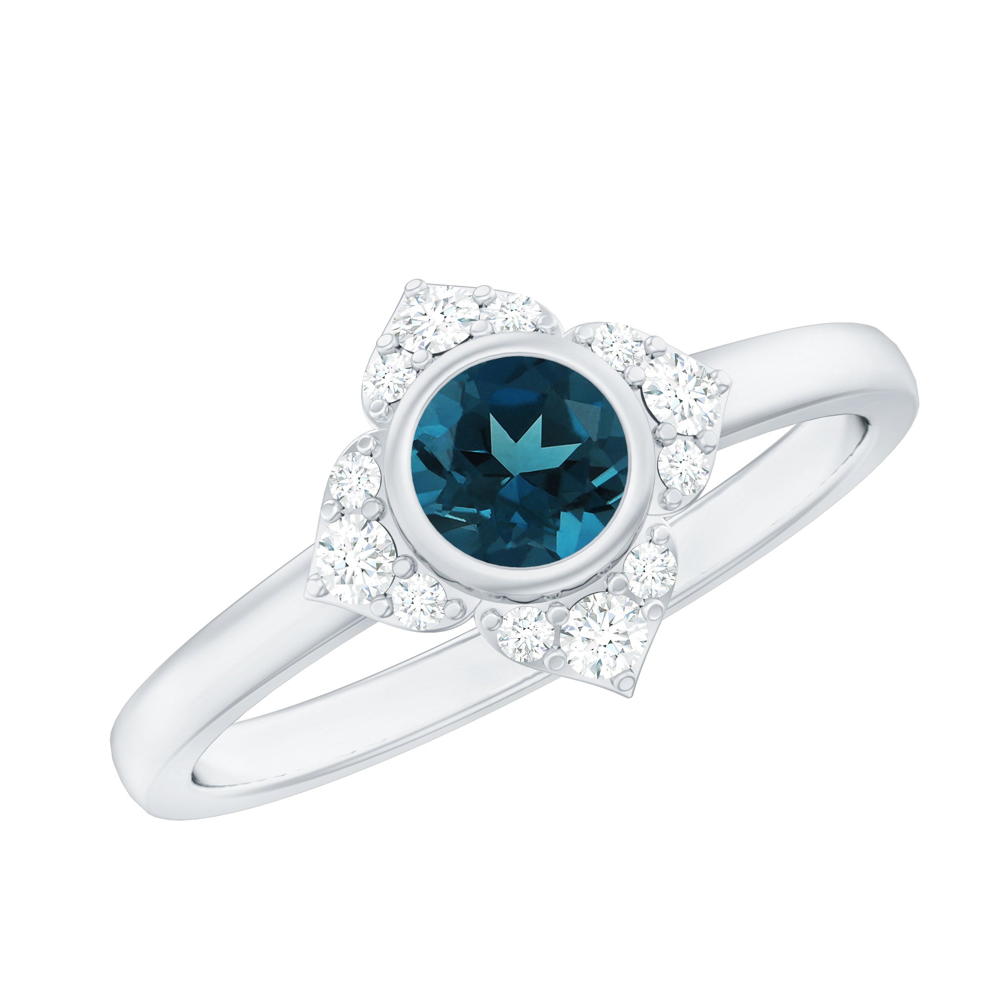 London Blue Topaz Bezel Engagement Ring with Diamond Halo AAA - Rosec Jewels