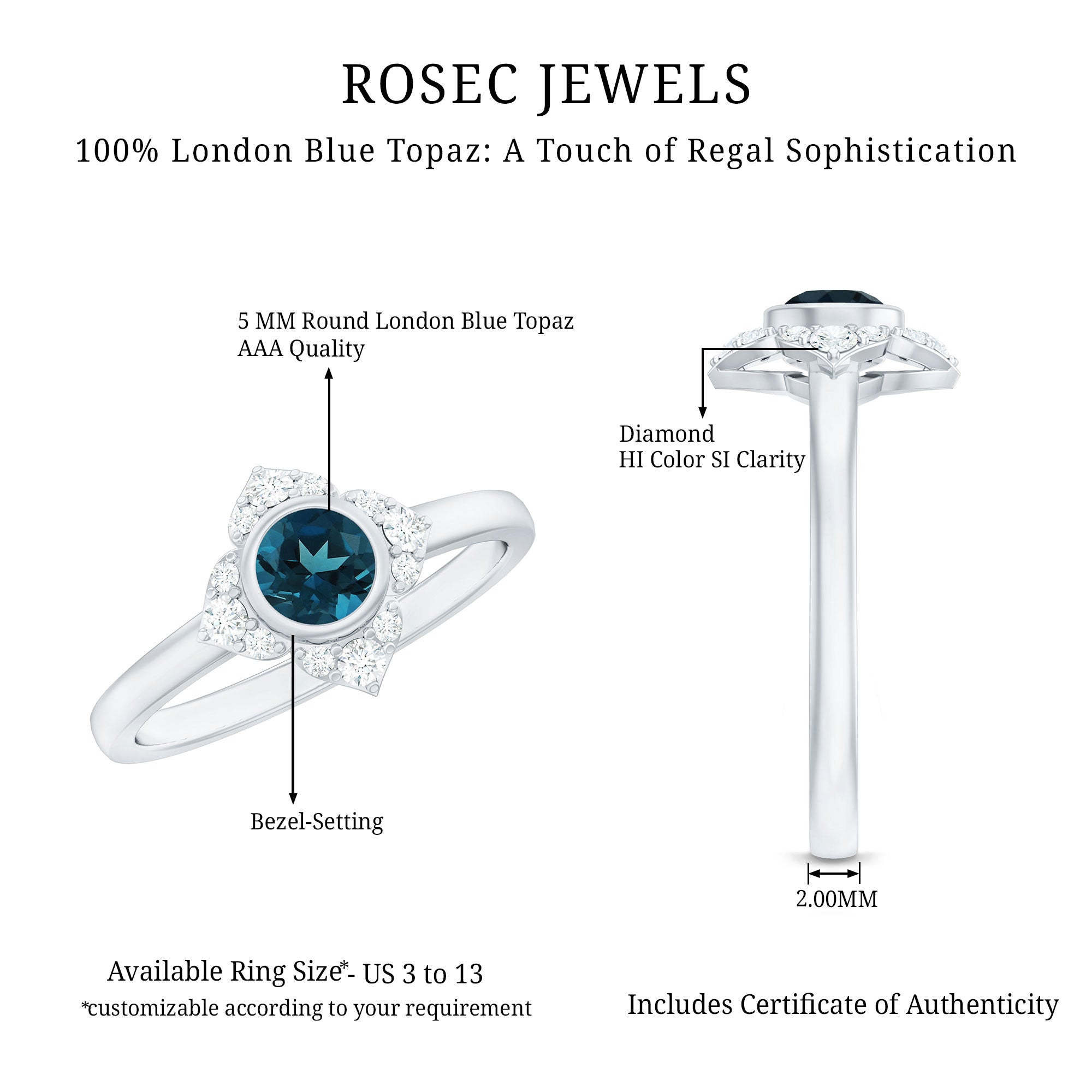 London Blue Topaz Bezel Engagement Ring with Diamond Halo AAA - Rosec Jewels