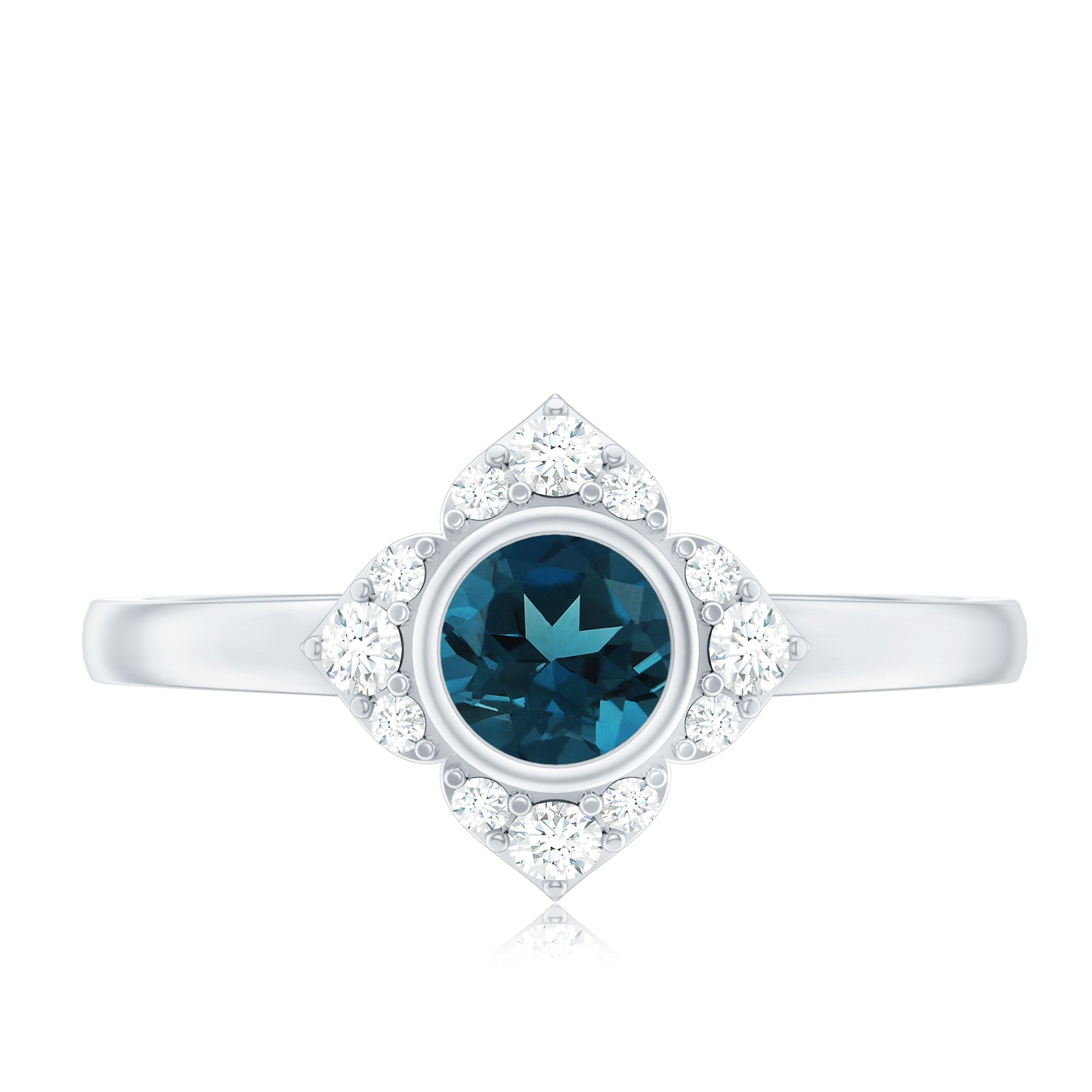 London Blue Topaz Bezel Engagement Ring with Diamond Halo AAA - Rosec Jewels
