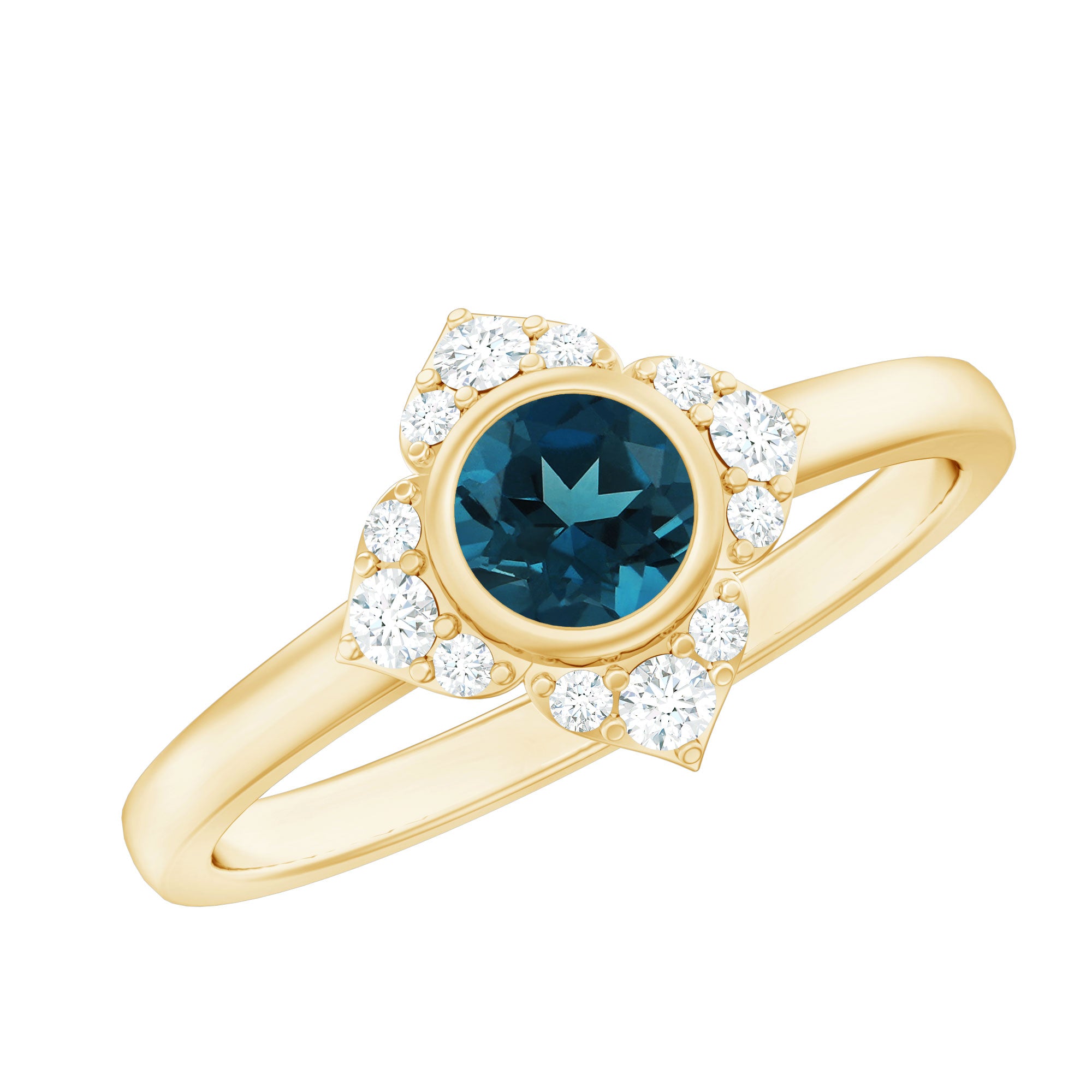 London Blue Topaz Bezel Engagement Ring with Diamond Halo AAA - Rosec Jewels