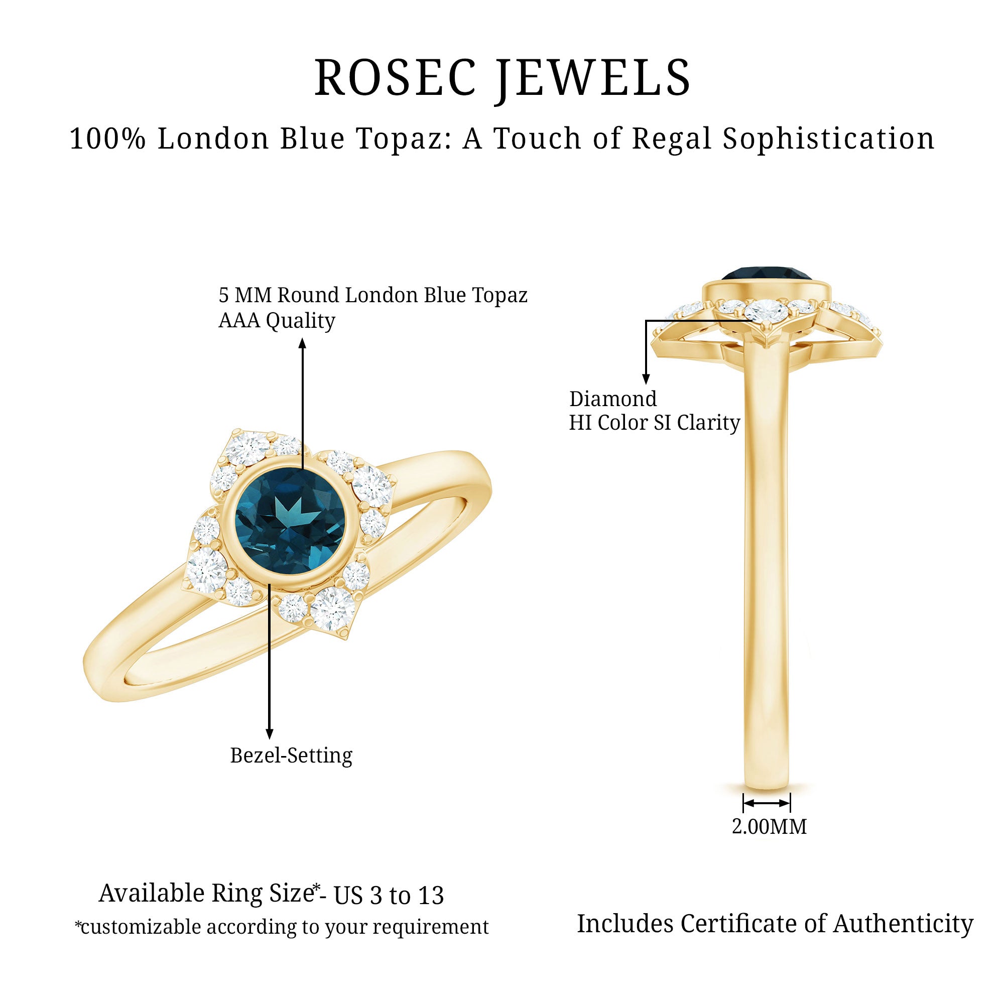 London Blue Topaz Bezel Engagement Ring with Diamond Halo AAA - Rosec Jewels