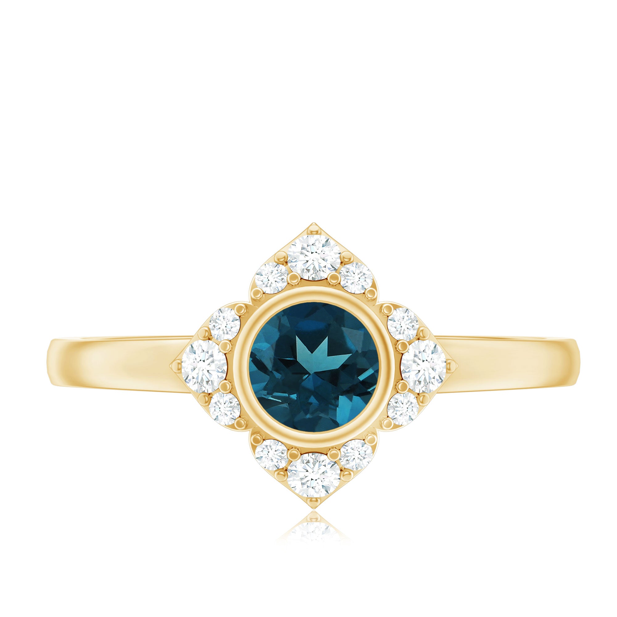 London Blue Topaz Bezel Engagement Ring with Diamond Halo AAA - Rosec Jewels