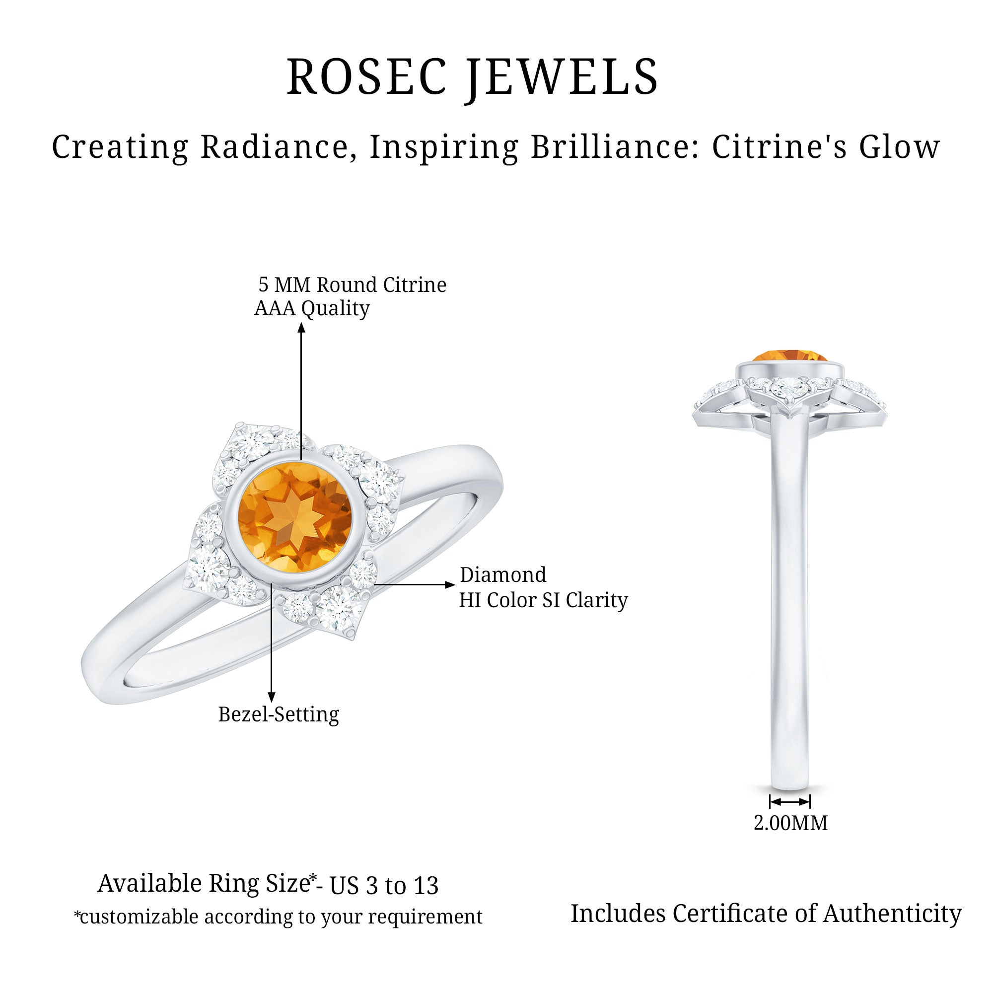 Natural Citrine Diamond Flower Engagement Ring with Certificate AAA - Rosec Jewels