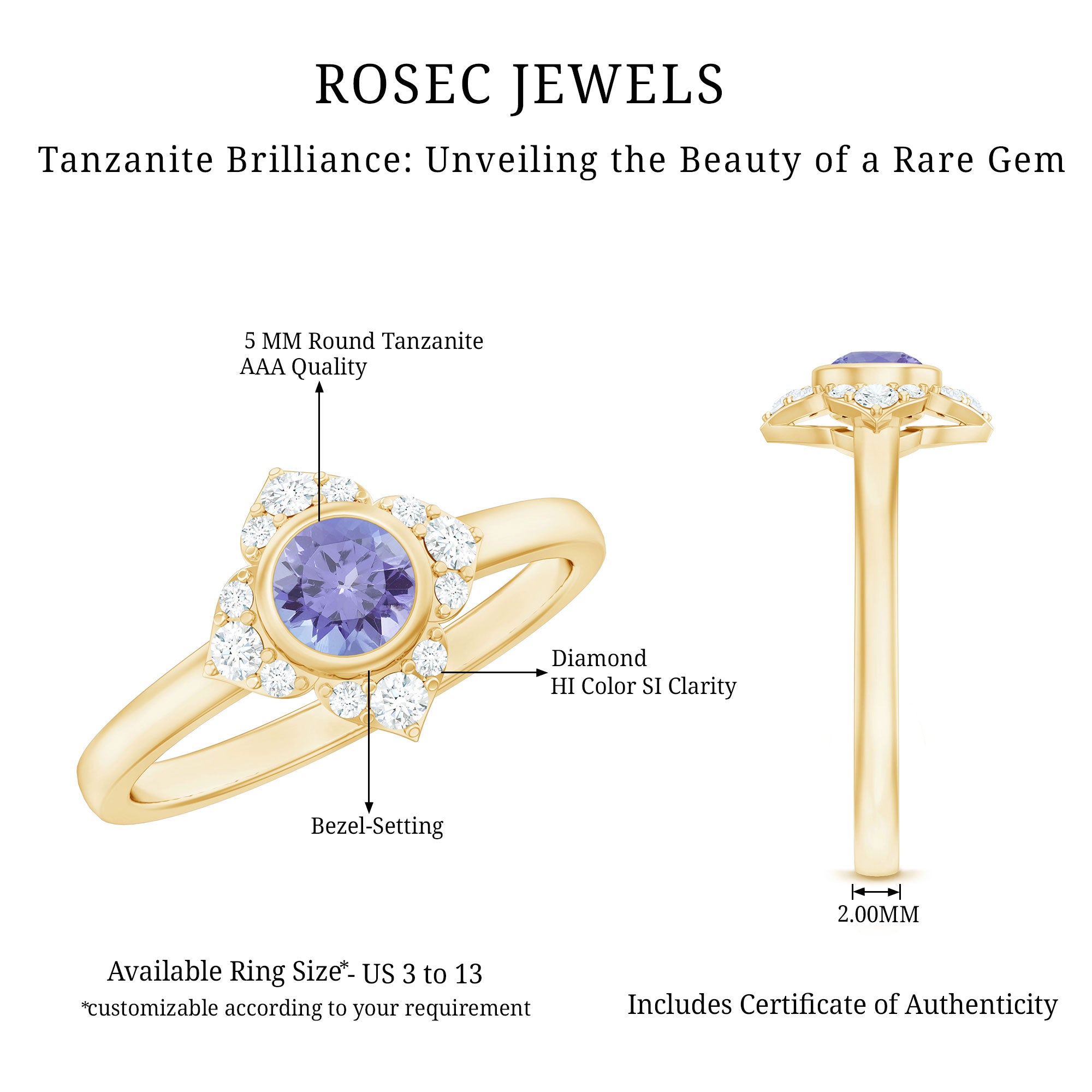 Certified Real Tanzanite Flower Engagement Ring with Diamond AAA - Rosec Jewels