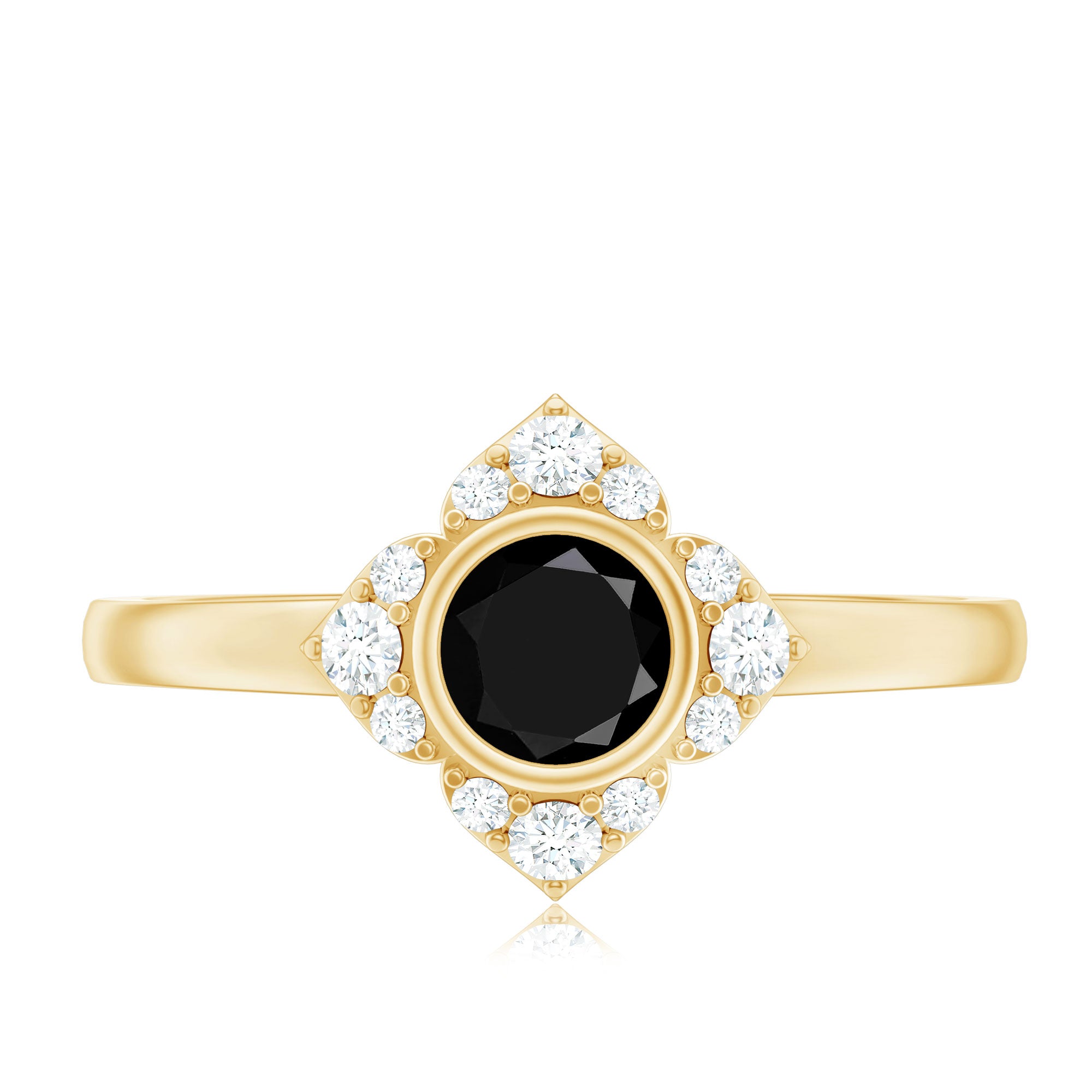 Real Bezel Set Black Spinel Flower Engagement Ring with Diamond AAA - Rosec Jewels