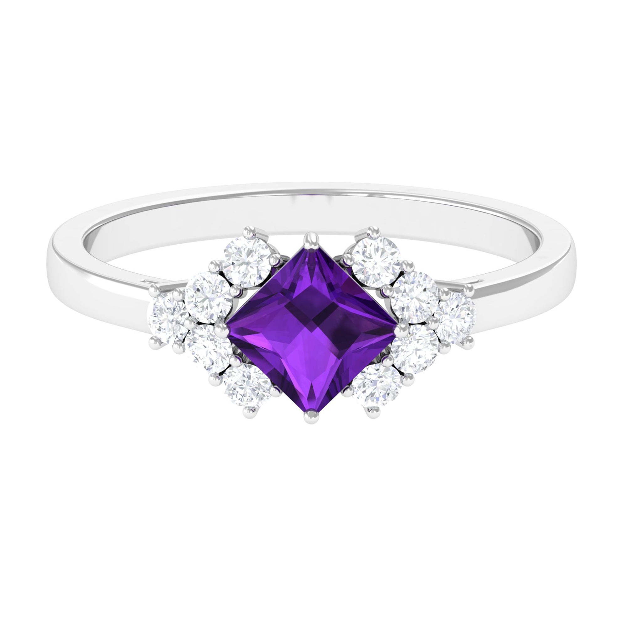 Natural 1.2 Carat Amethyst Princess Cut Engagement Ring with Diamond AAA - Rosec Jewels