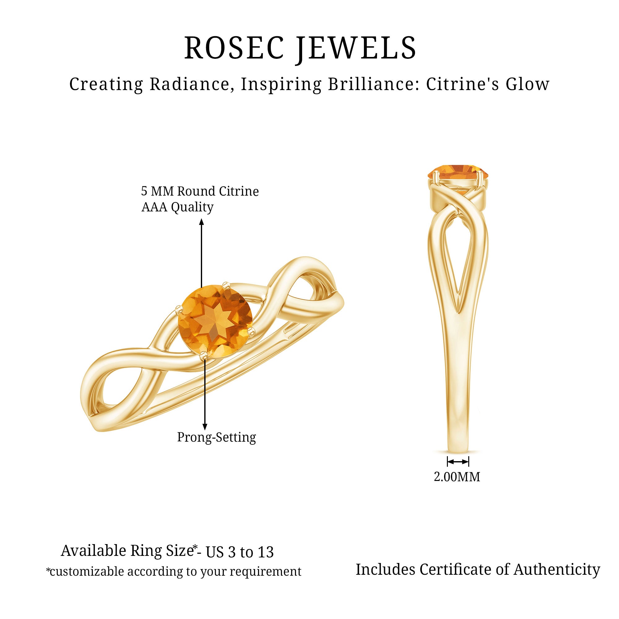 Certified Real Citrine Infinity Promise Ring with AAA - Rosec Jewels
