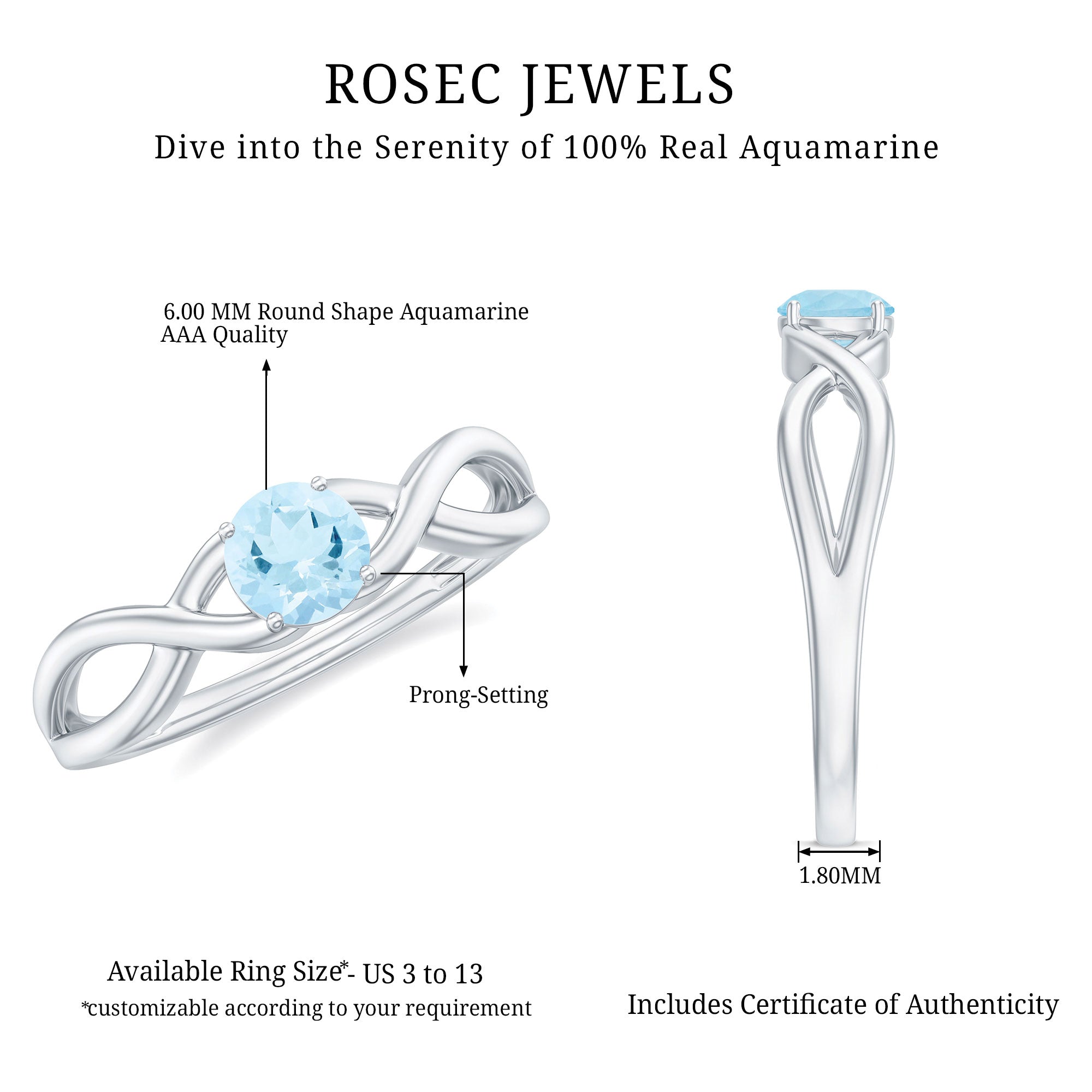 Rosec Jewels-Solitaire Aquamarine Infinity Promise Ring