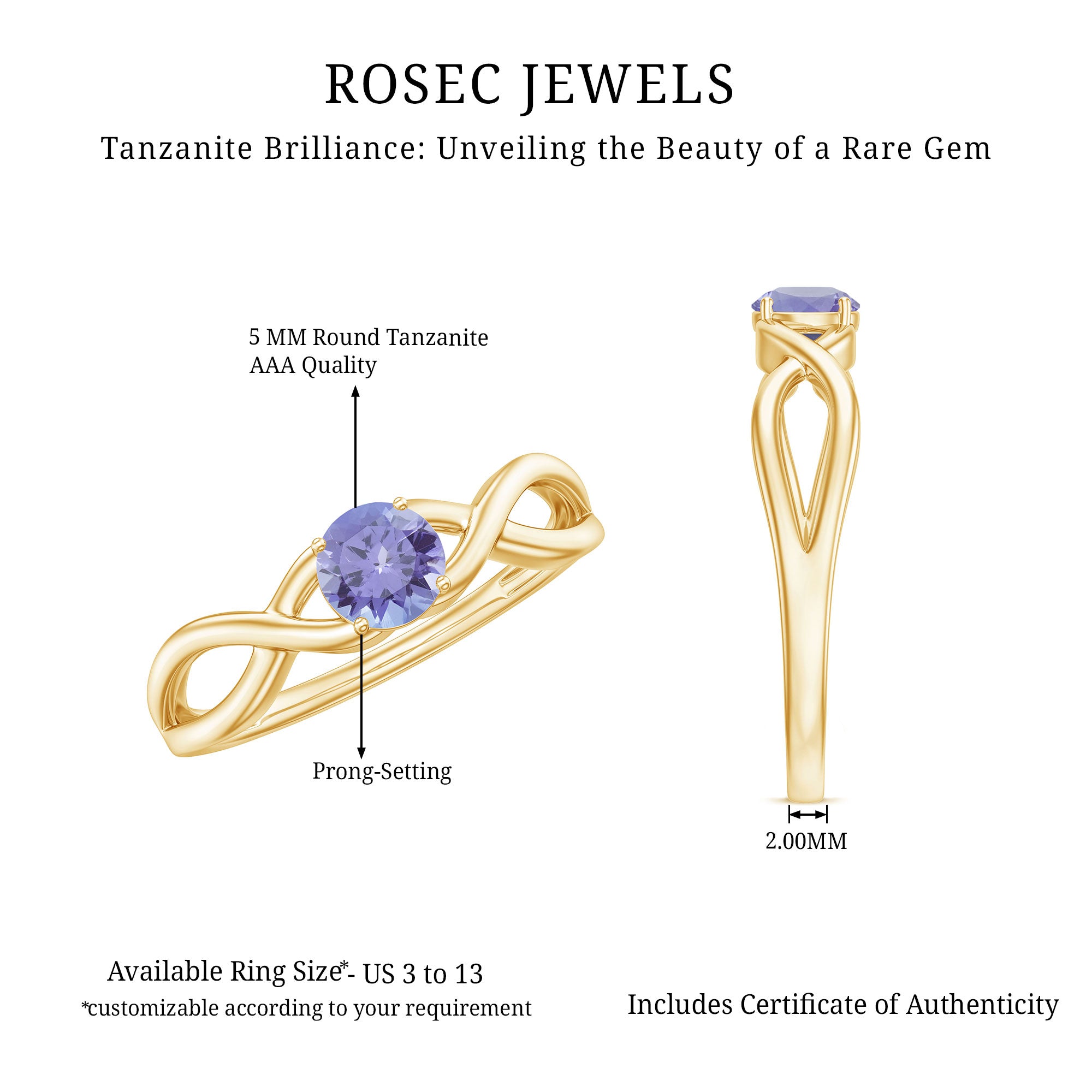 Rosec Jewels-Genuine Tanzanite Promise Ring with Crossover Shank