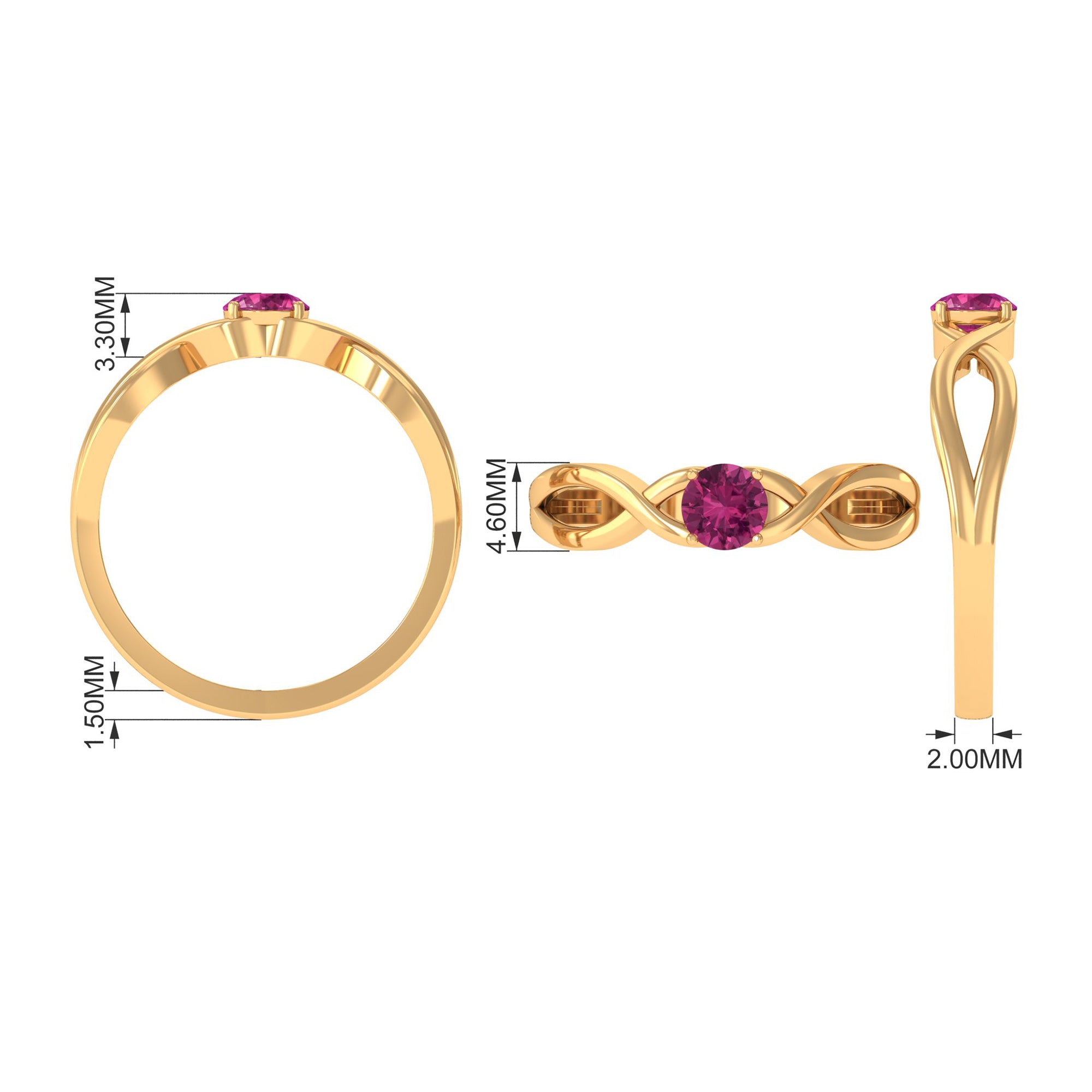 1/4 CT Real Pink Tourmaline Solitaire Ring with Crossover Shank AAA - Rosec Jewels