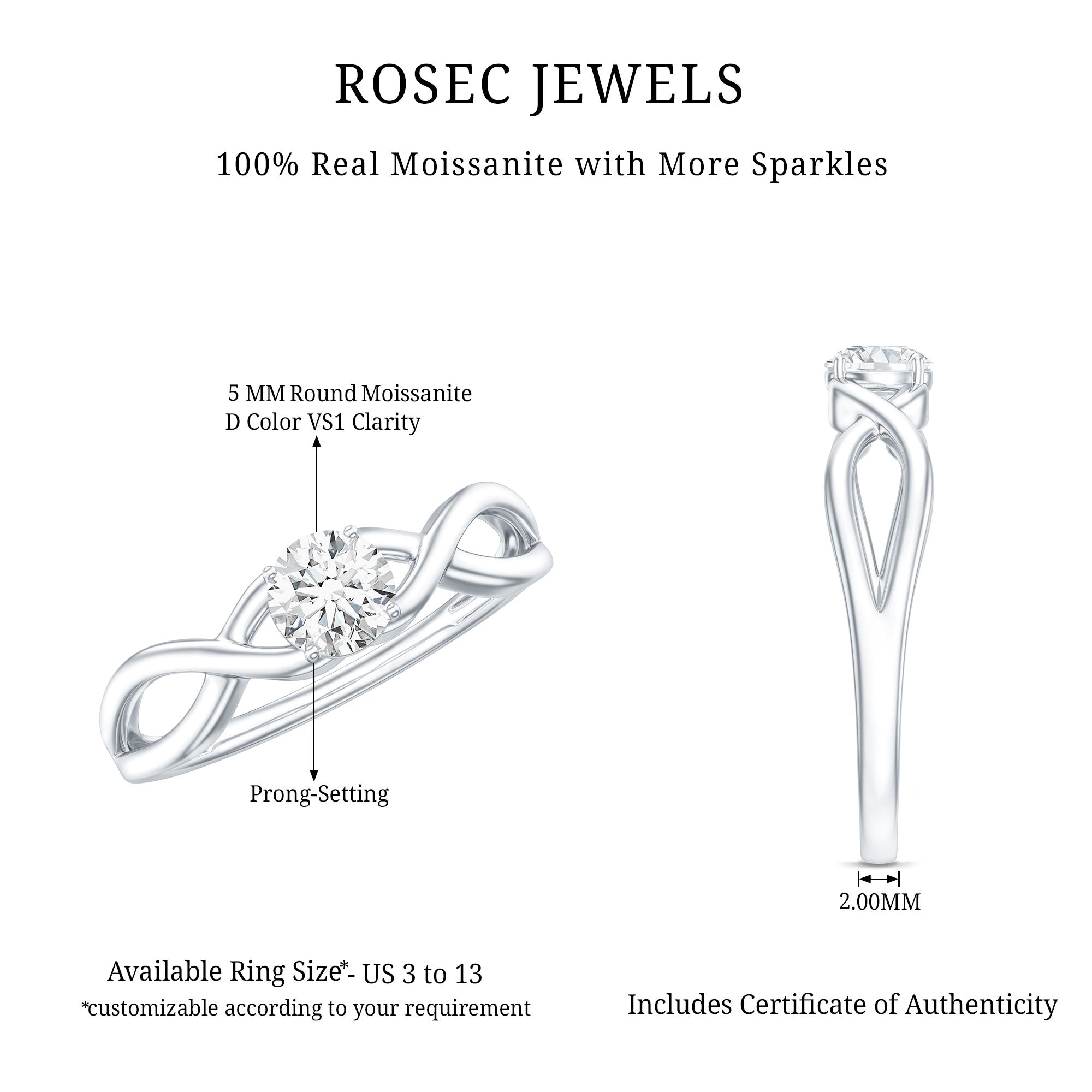 Round Moissanite Solitaire Promise Ring with Infinity Band D-VS1 - Rosec Jewels
