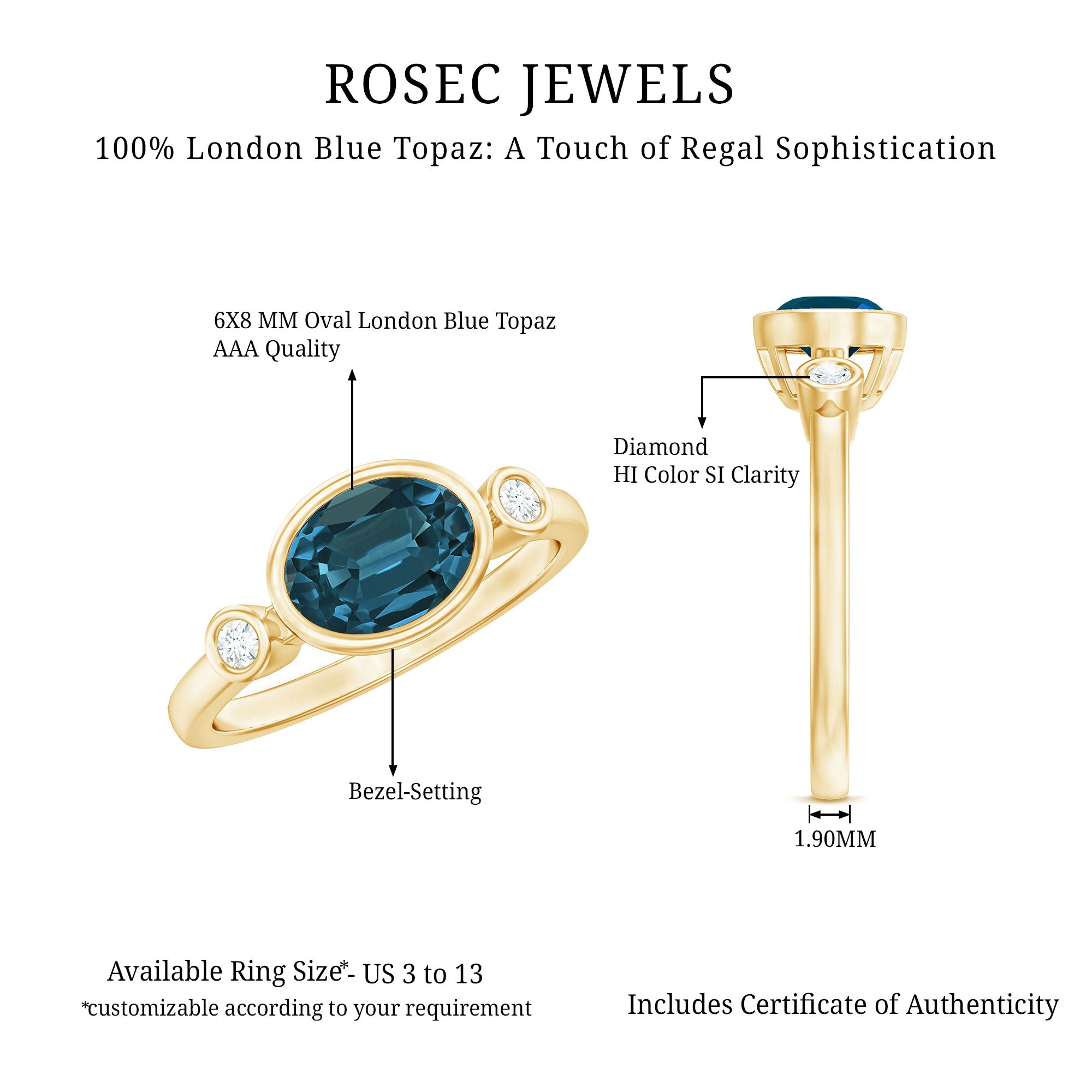 Oval London Blue Topaz Bezel Set Engagement Ring with Diamond AAA - Rosec Jewels