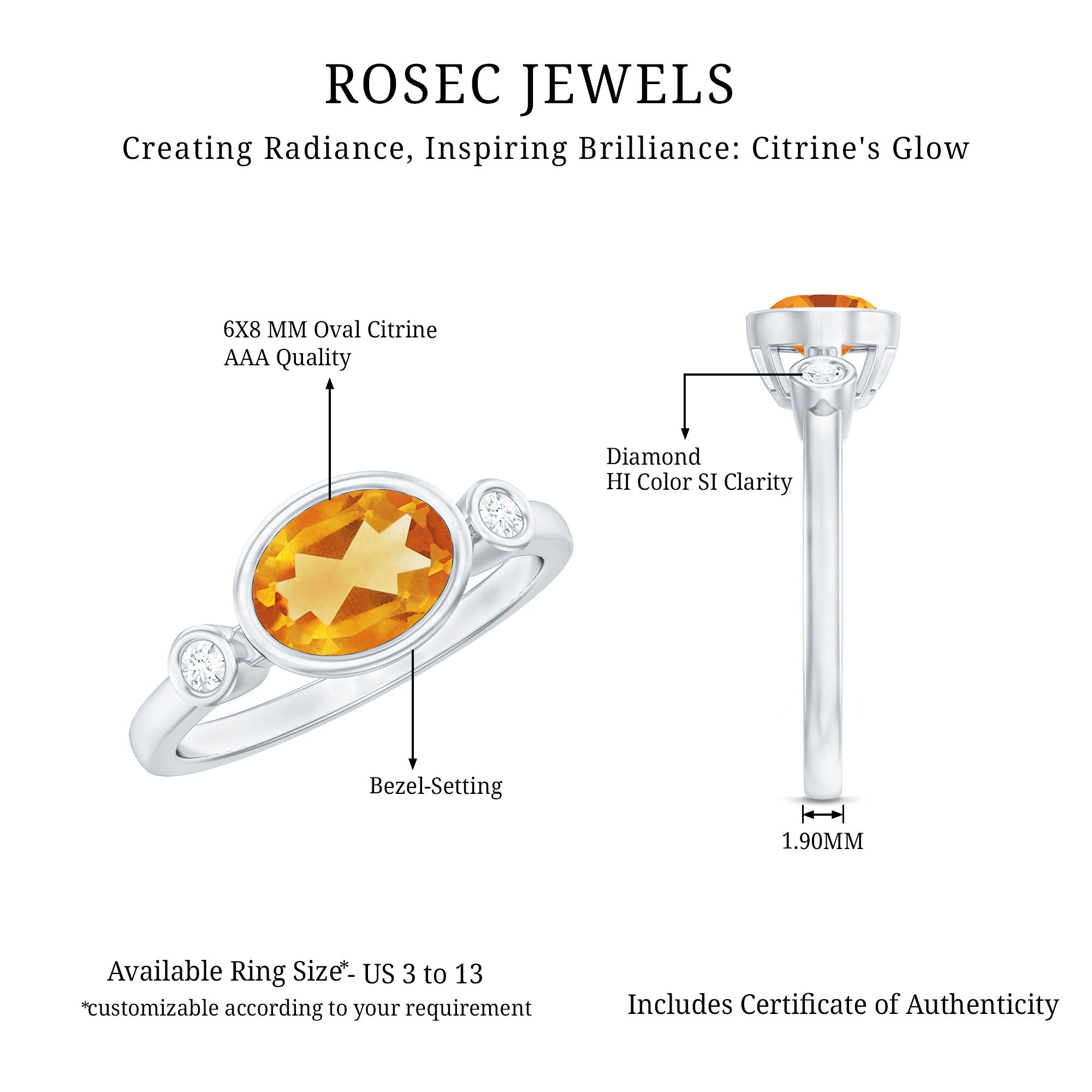 Natural 6X8mm Citrine Diamond Oval Engagement Ring in Bezel Set AAA - Rosec Jewels