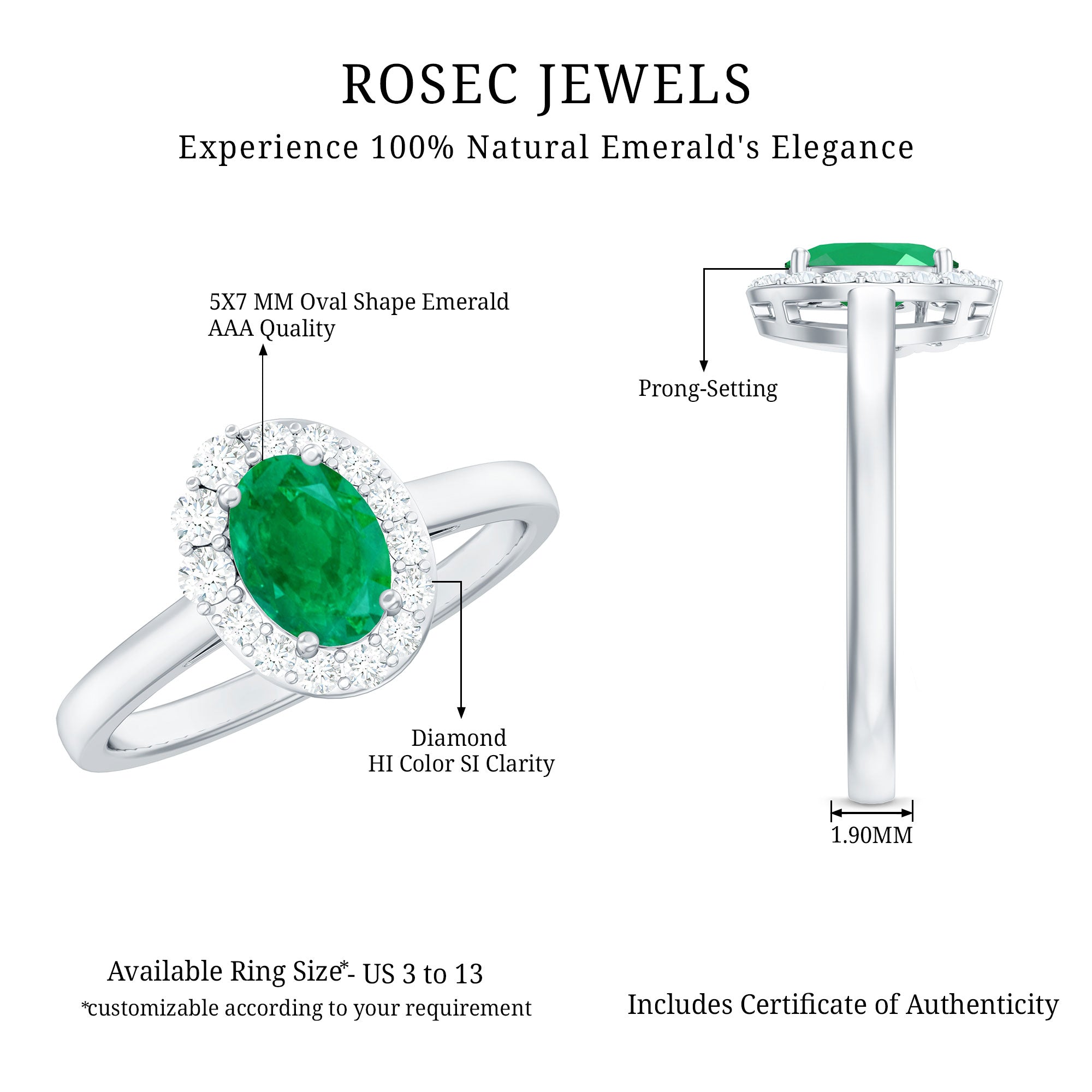 Natural Emerald Oval Engagement Ring with Diamond Halo AAA - Rosec Jewels