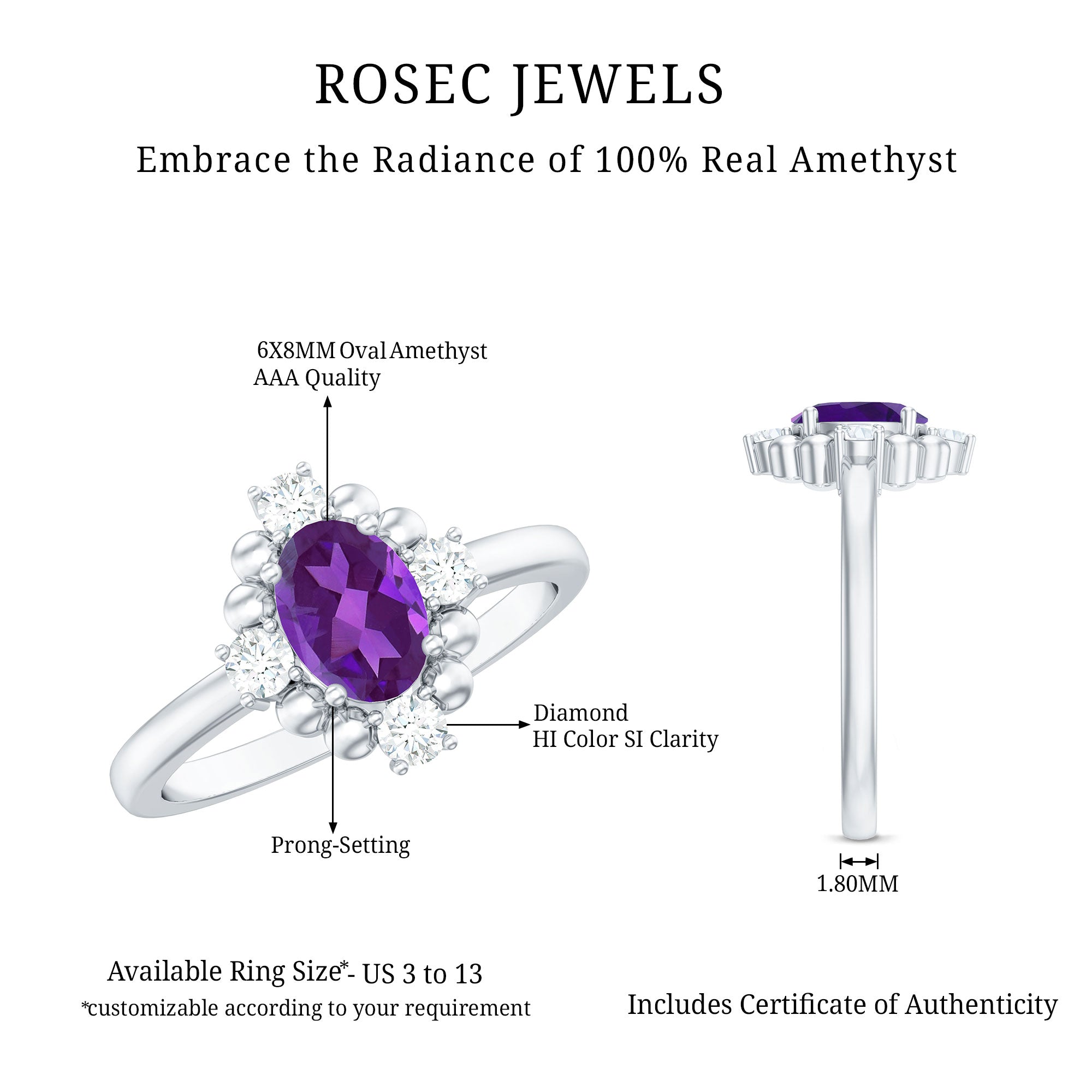 Genuine 1 Carat Oval Amethyst Engagement Ring with Diamond AAA - Rosec Jewels