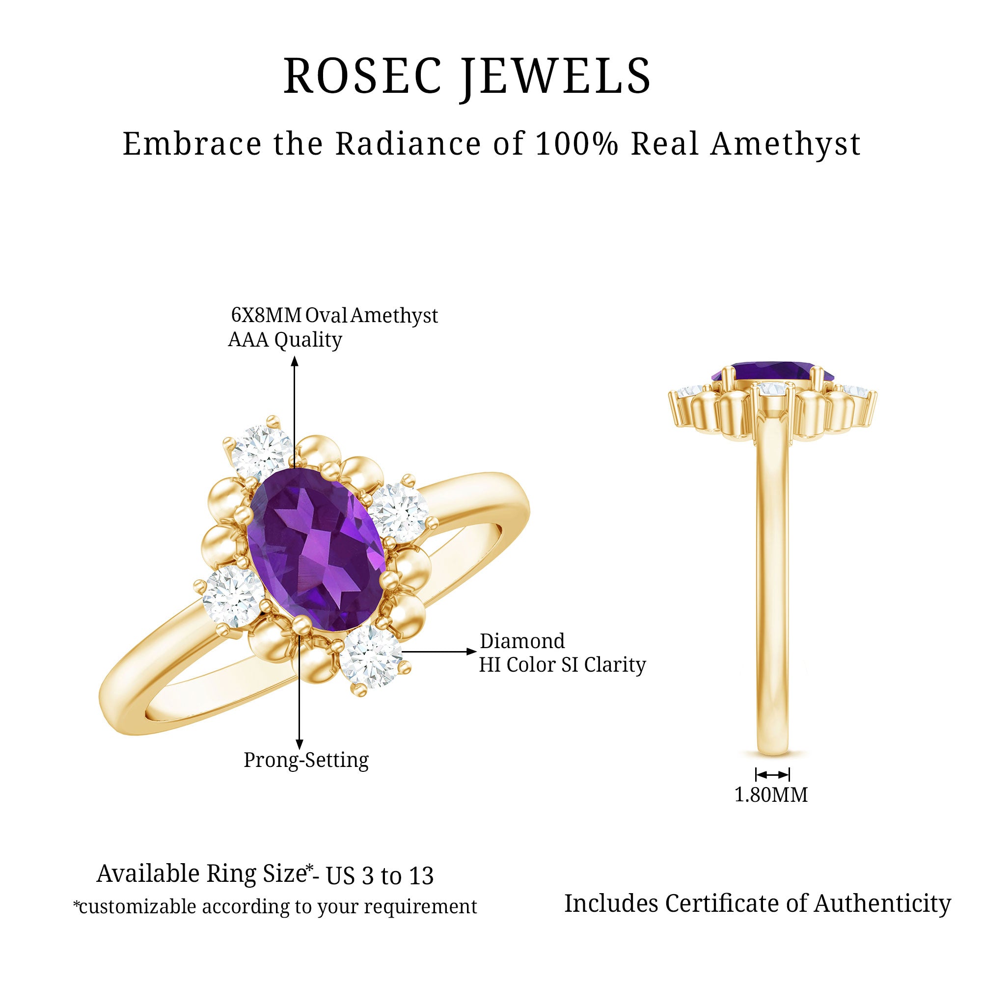 Genuine 1 Carat Oval Amethyst Engagement Ring with Diamond AAA - Rosec Jewels
