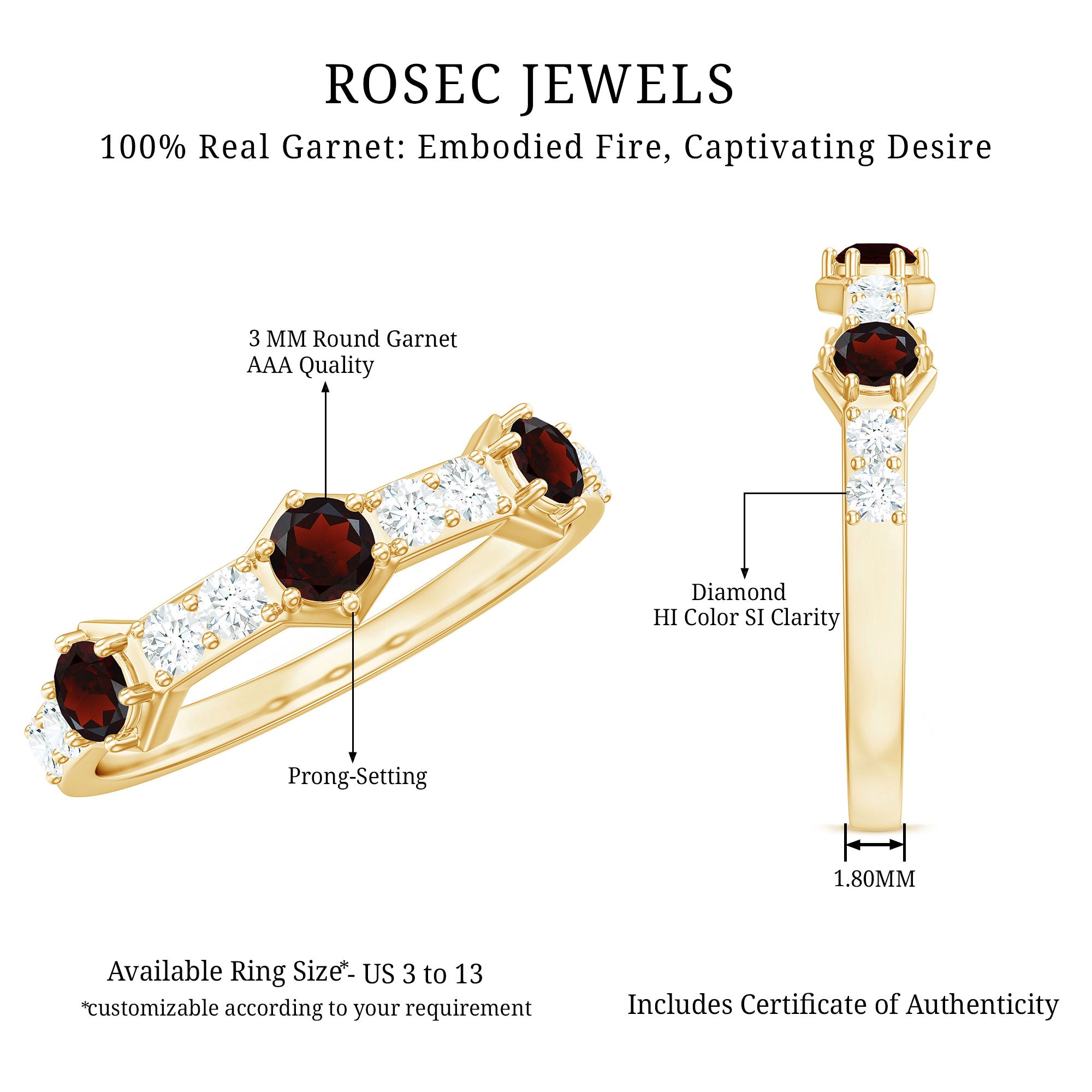 Rosec Jewels-Real Red Garnet Diamond Half Eternity Ring for Anniversary