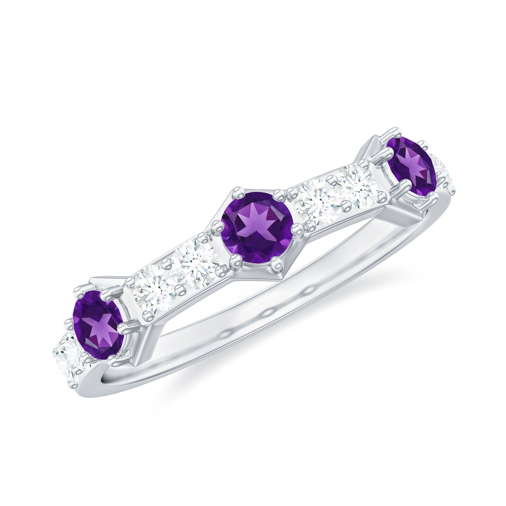 Natural Amethyst Half Eternity Ring with Diamond AAA - Rosec Jewels