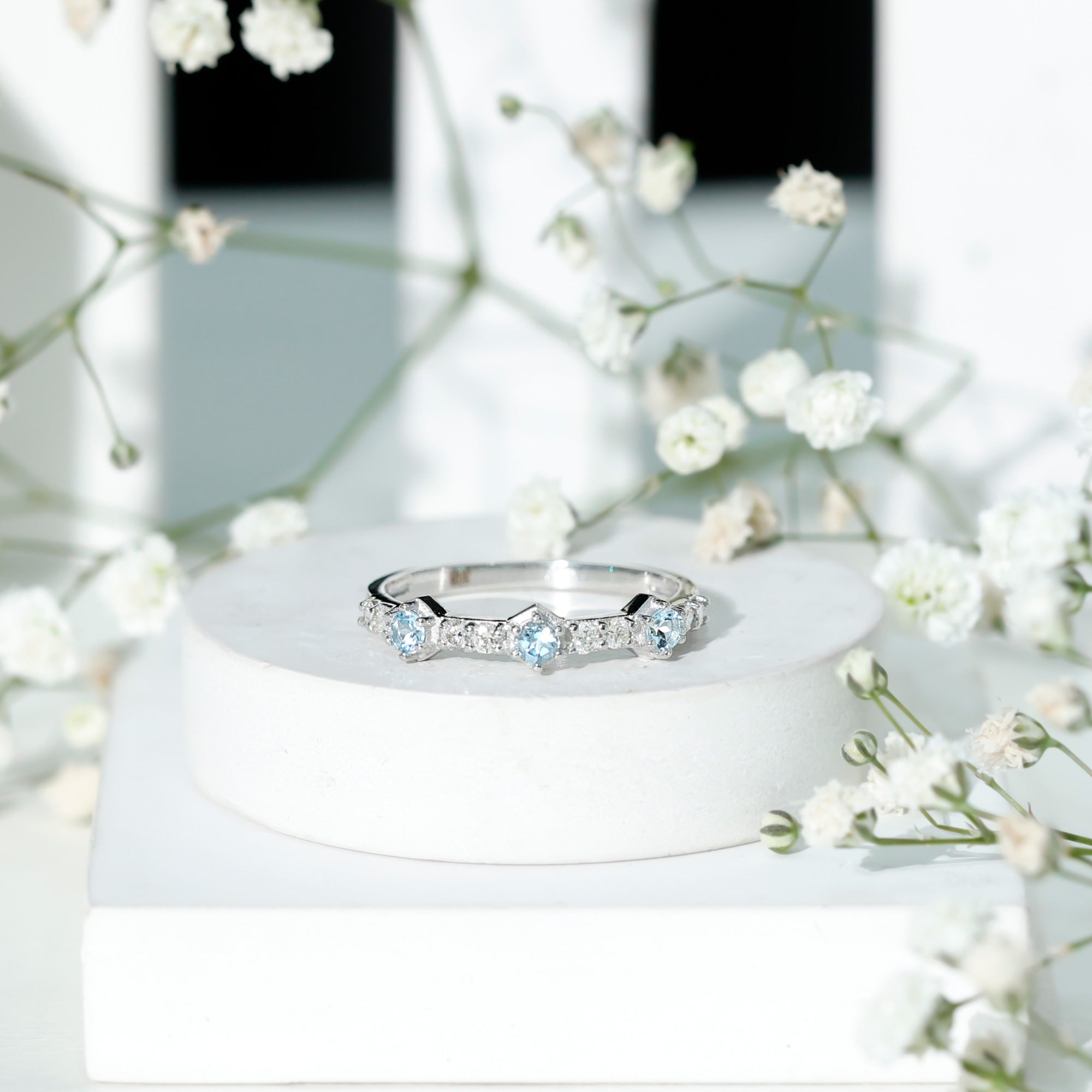 Real Aquamarine and Diamond Half Eternity Ring AAA - Rosec Jewels