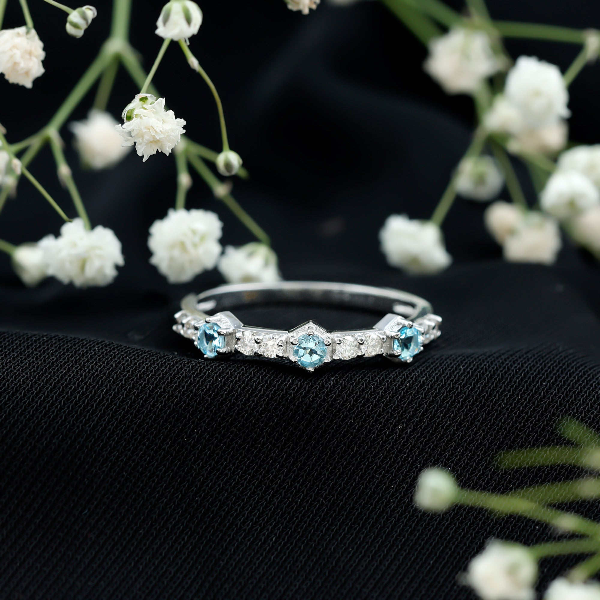 Real Aquamarine and Diamond Half Eternity Ring AAA - Rosec Jewels